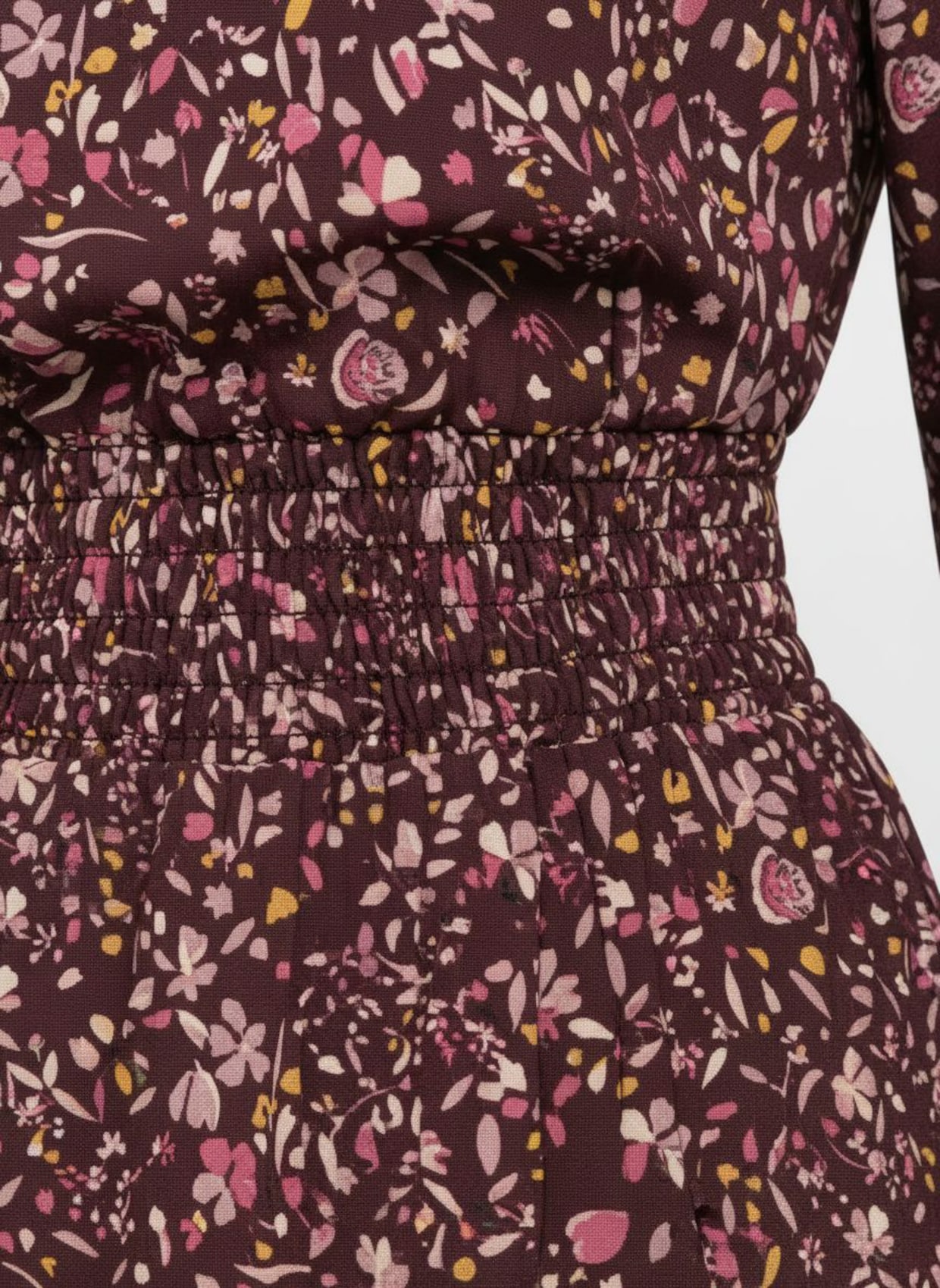 Webkleid mit Smok-Einsatz - burgund-mauve-bedruckt