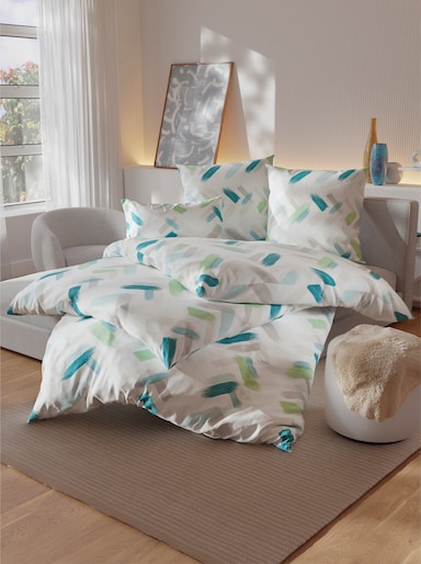 Biberna Bettwäsche - weiß-aquapetrol-bedruckt