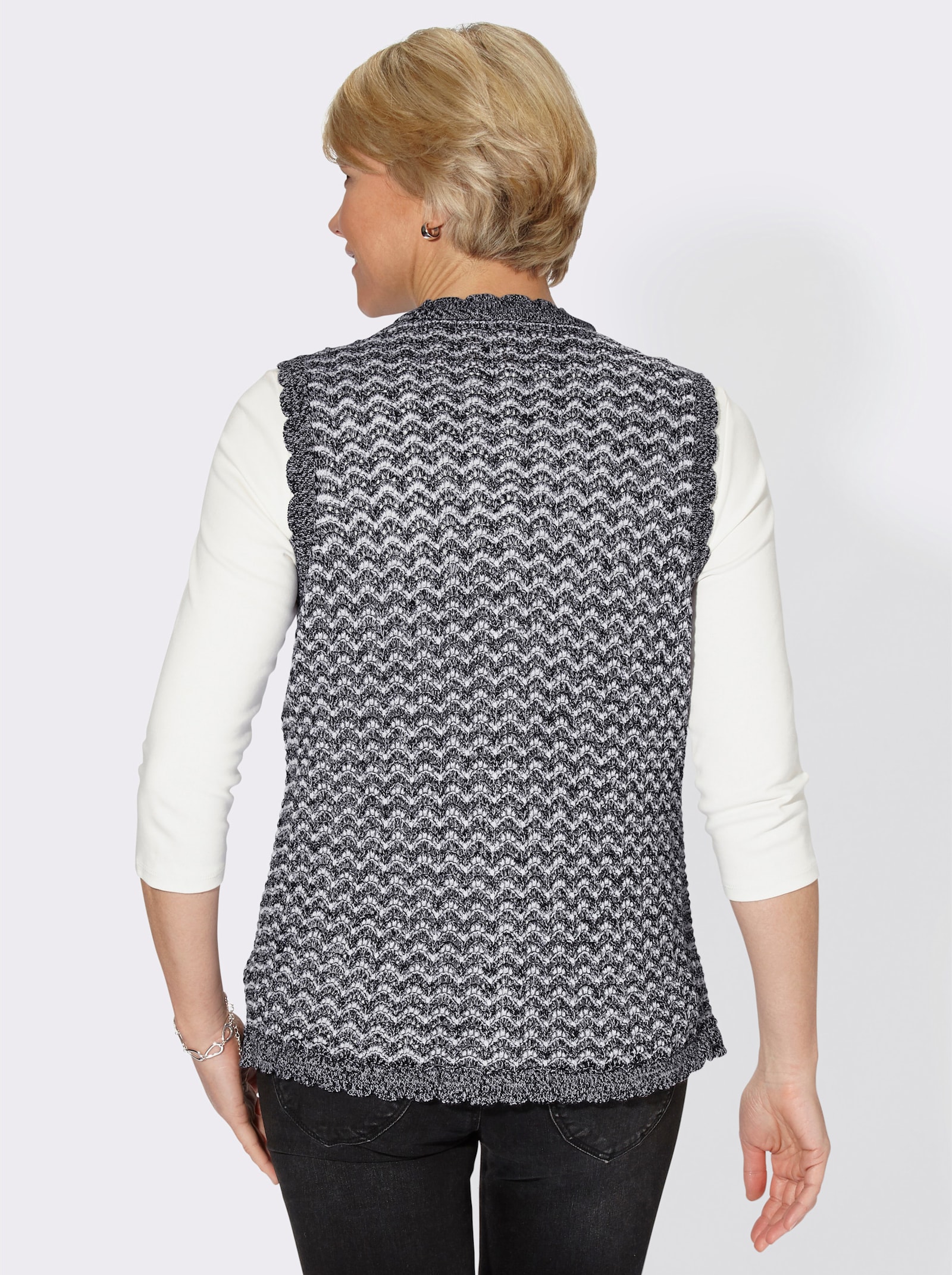Strickweste mit zweifarbigem Ajourmuster - schwarz-meliert
