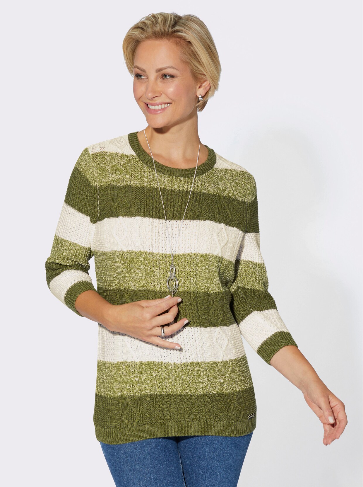 Pullover met 3/4-mouwen - kaki/wit gestreept