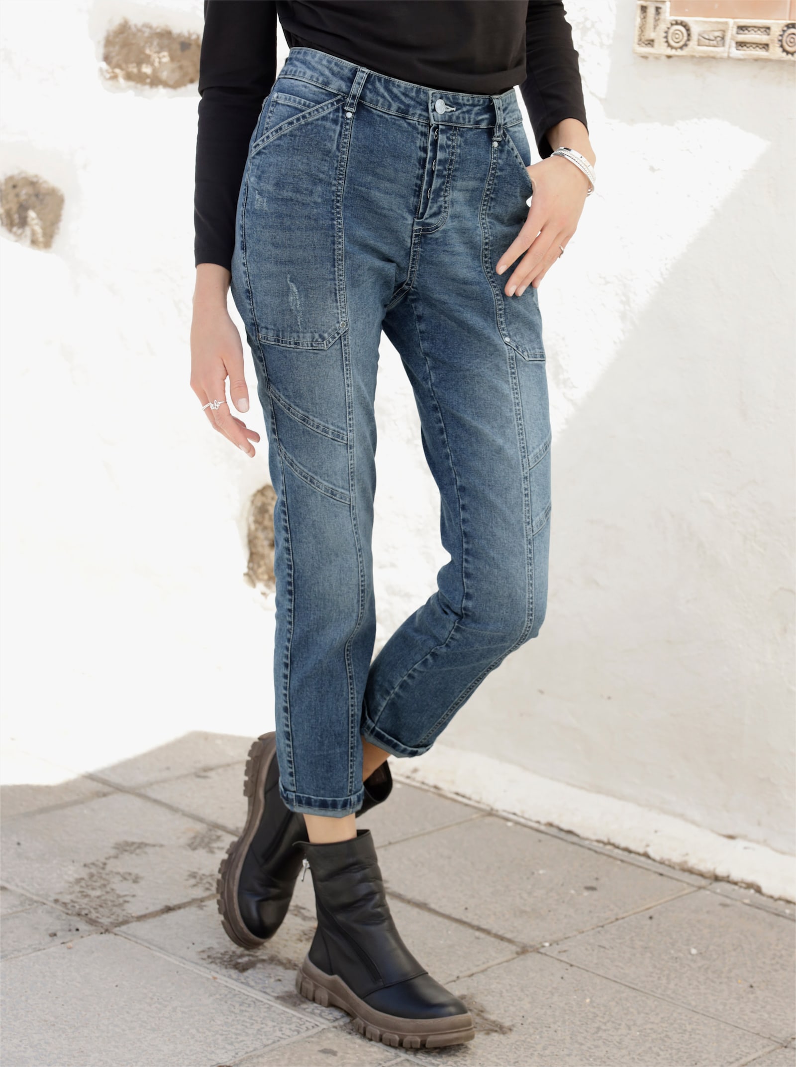 heine Jean boyfriend avec coutures décoratives - bleu blanchi