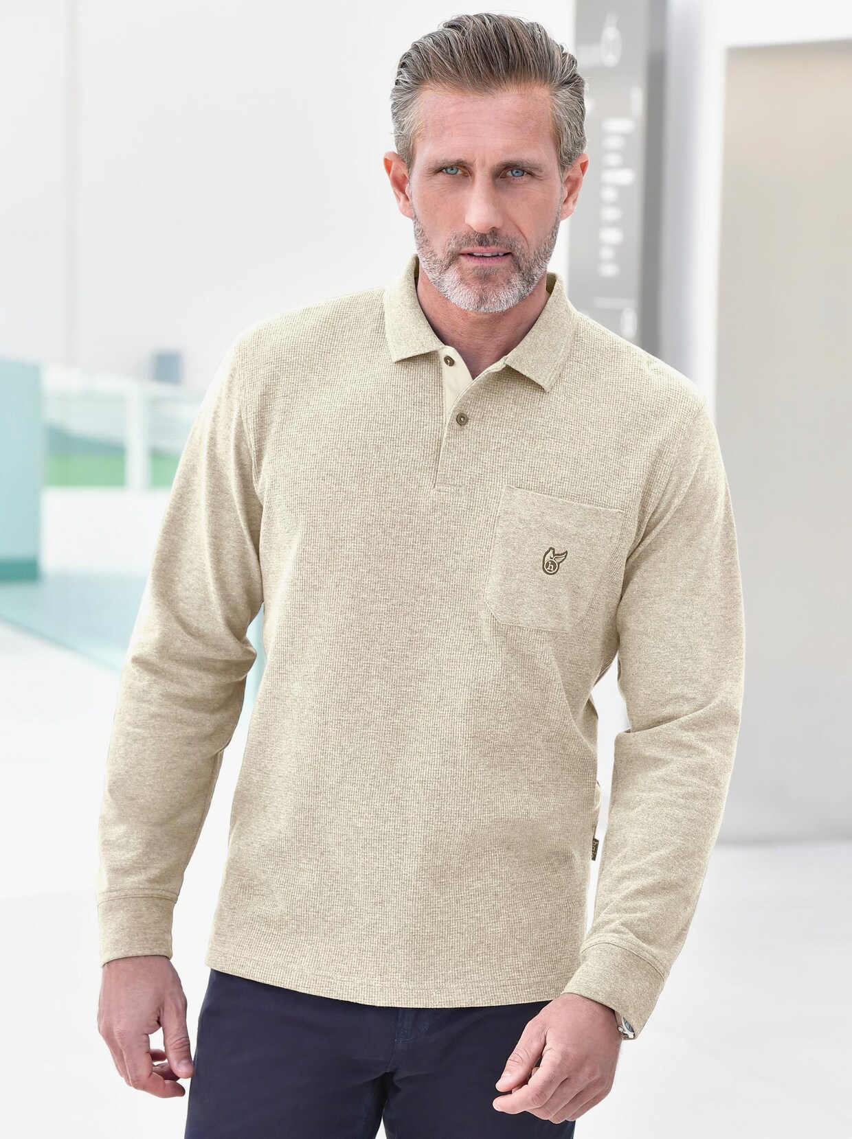 Langarm-Poloshirt - hellkhaki