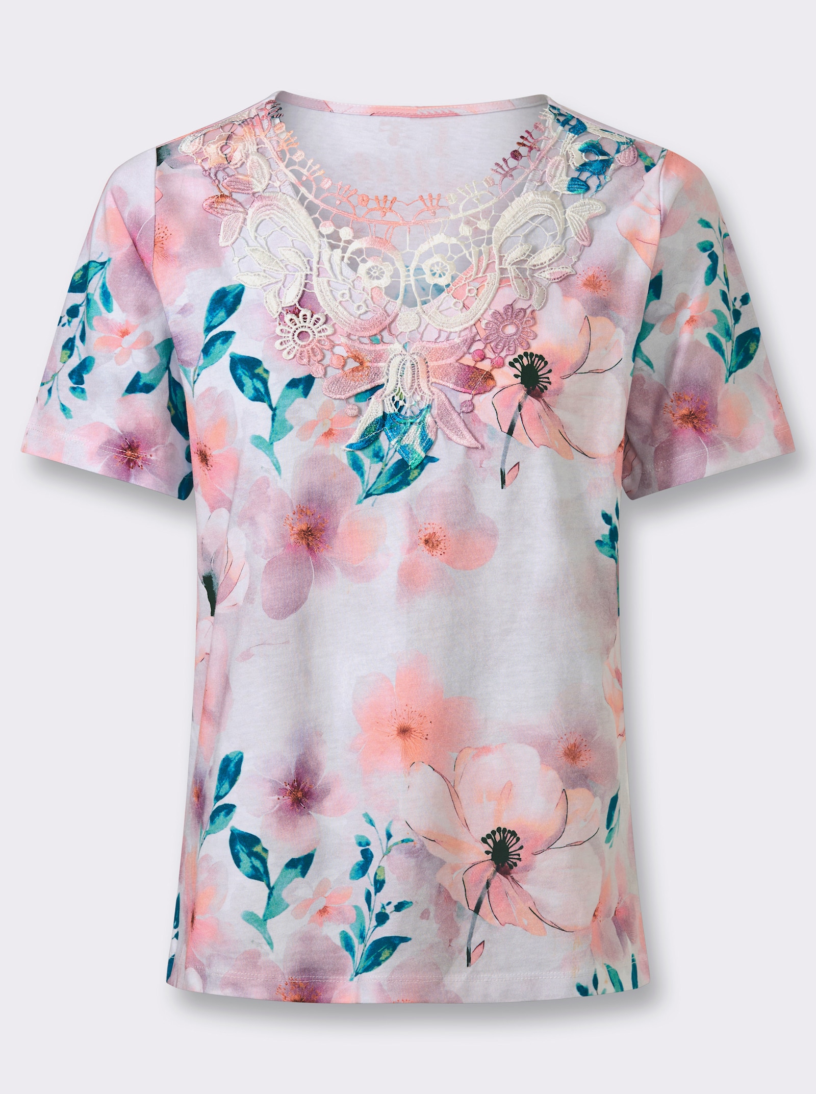 Spitzenshirt mit Spitze am Ausschnitt - ecru-flamingo-bedruckt