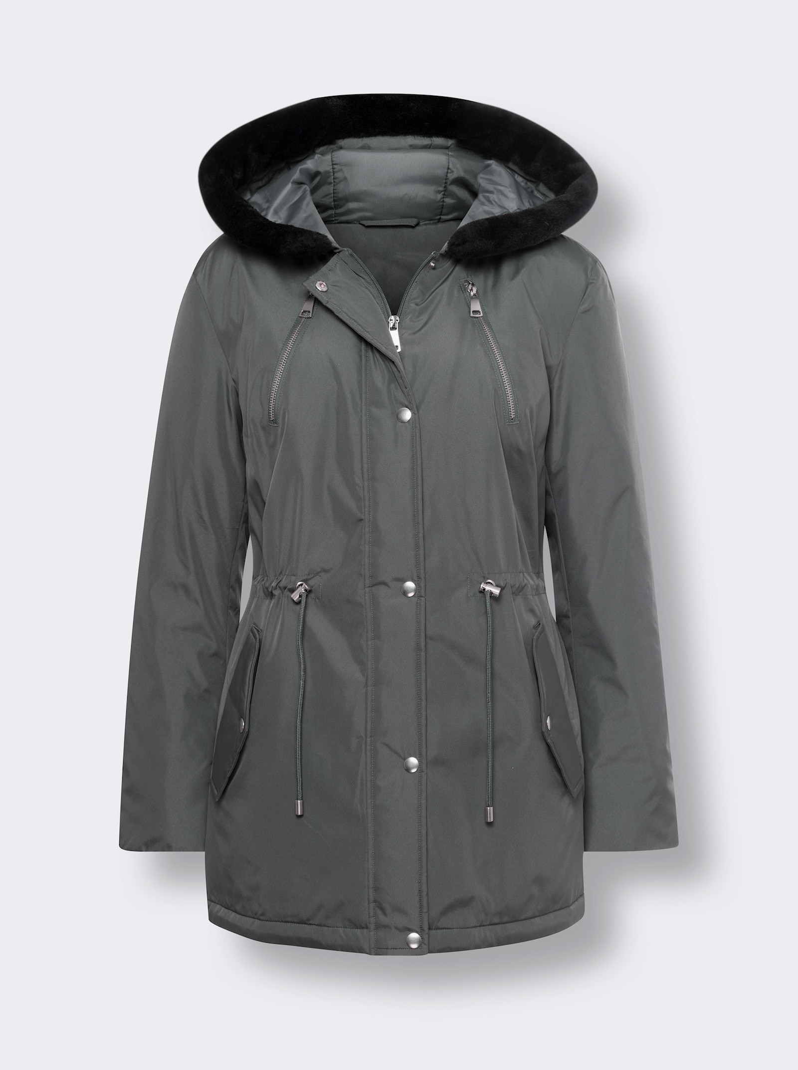 Bunda s kapucí a lemem z imitace kožešiny - antracitová