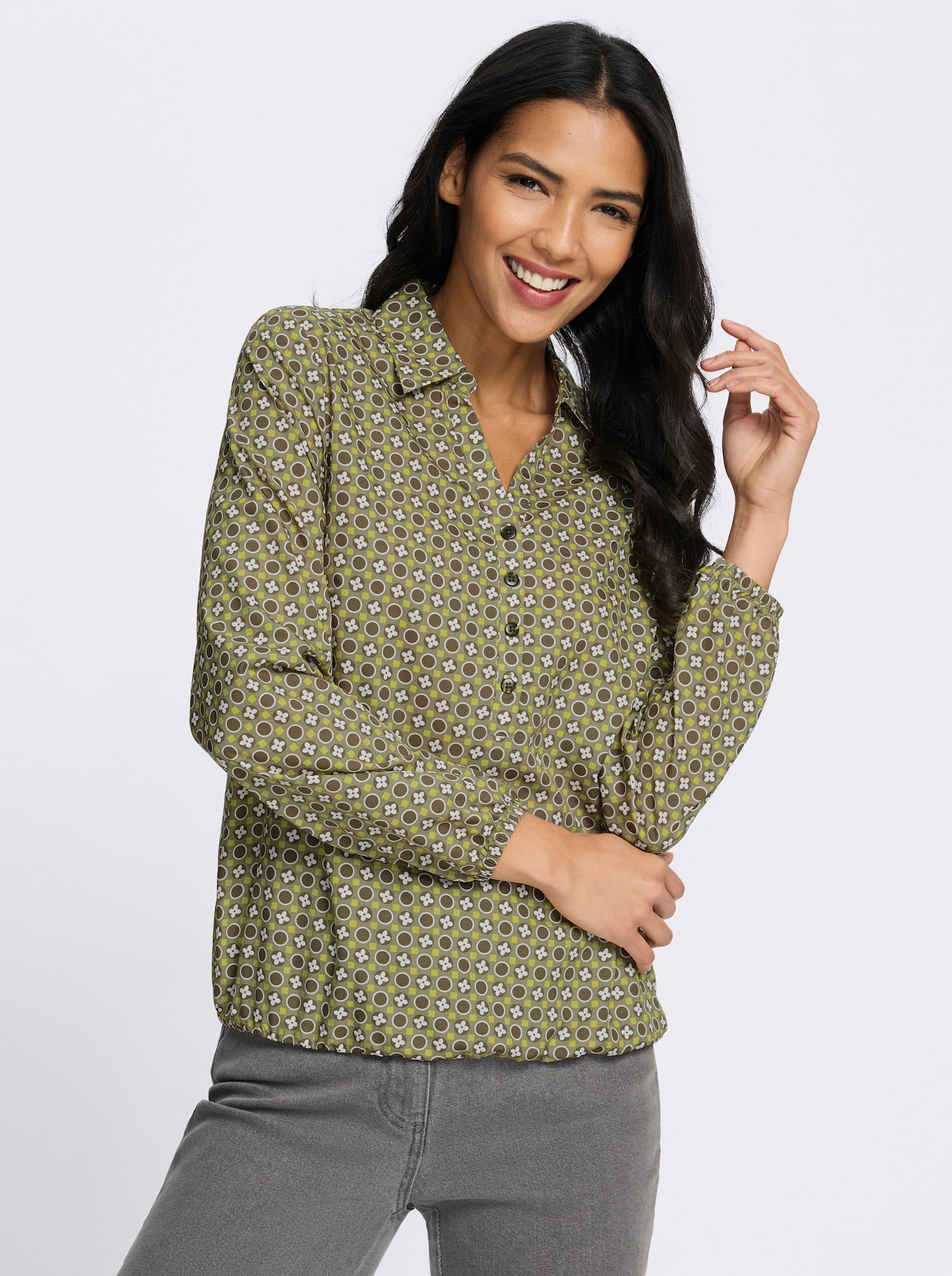 Schlupfbluse mit Gummibündchen - oliv-schilf-bedruckt