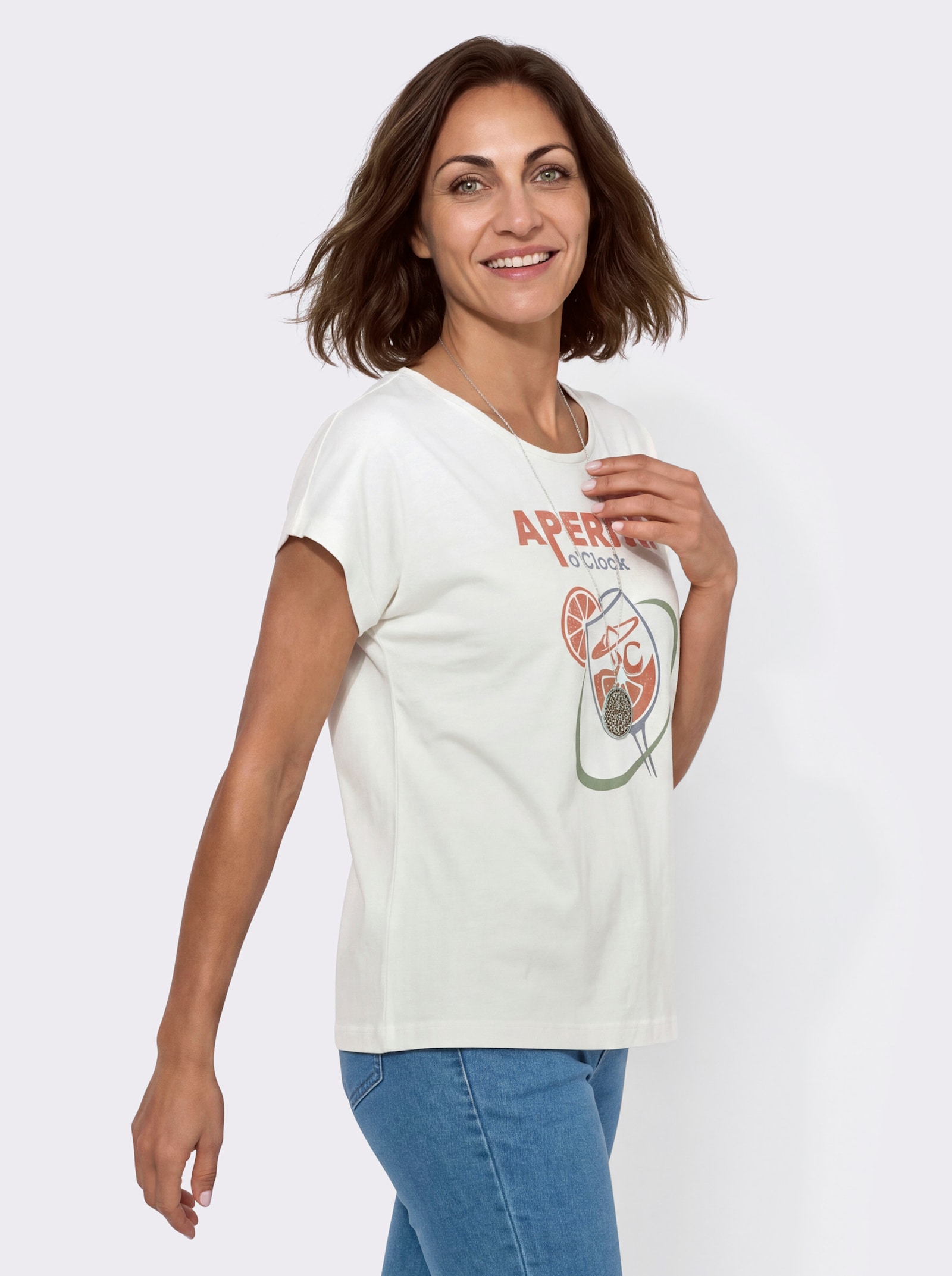 Shirt mit überschnittenen Schultern - ecru-papaya-bedruckt