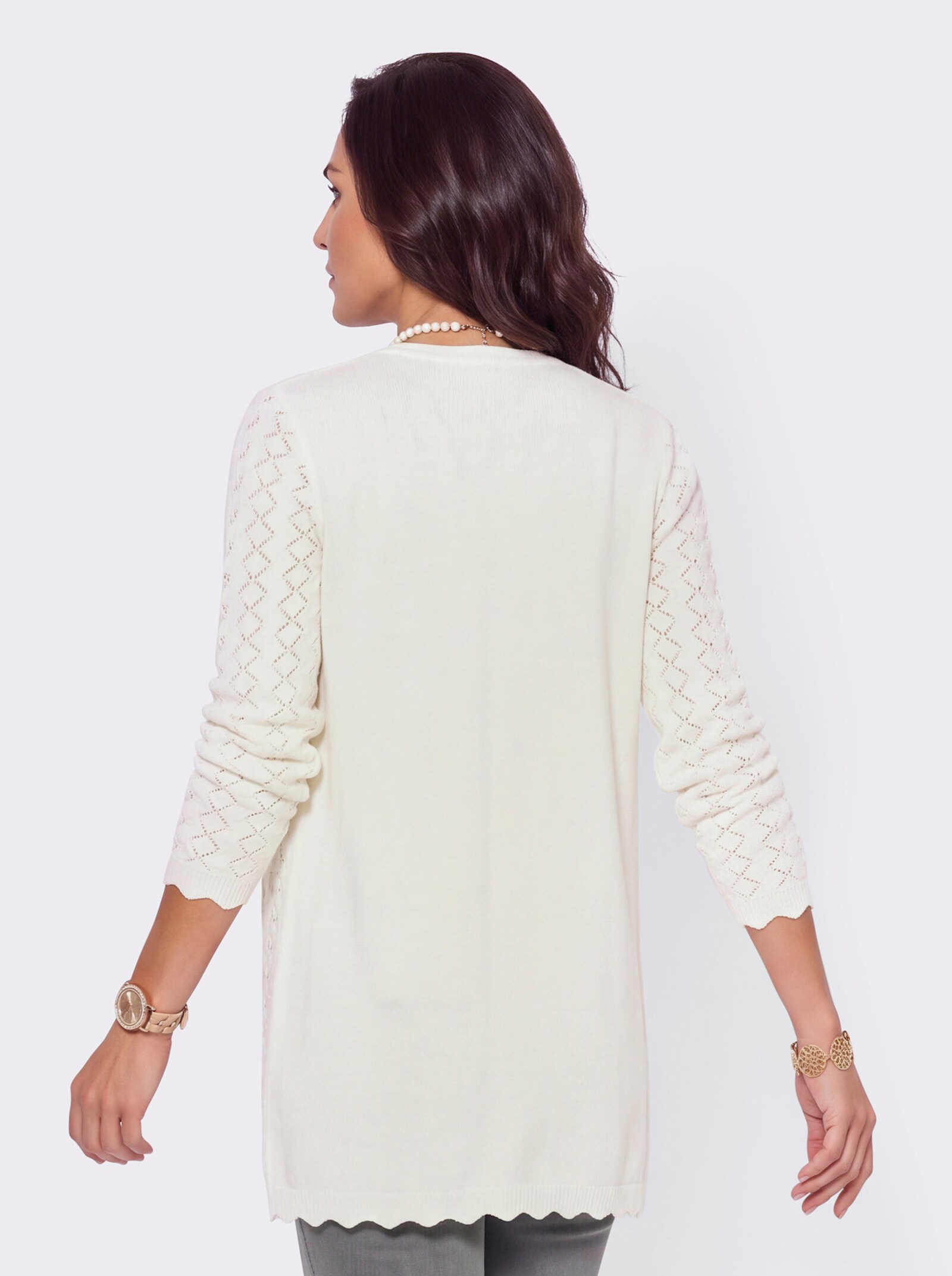 Longstrickjacke mit glattem Rückenteil - ecru