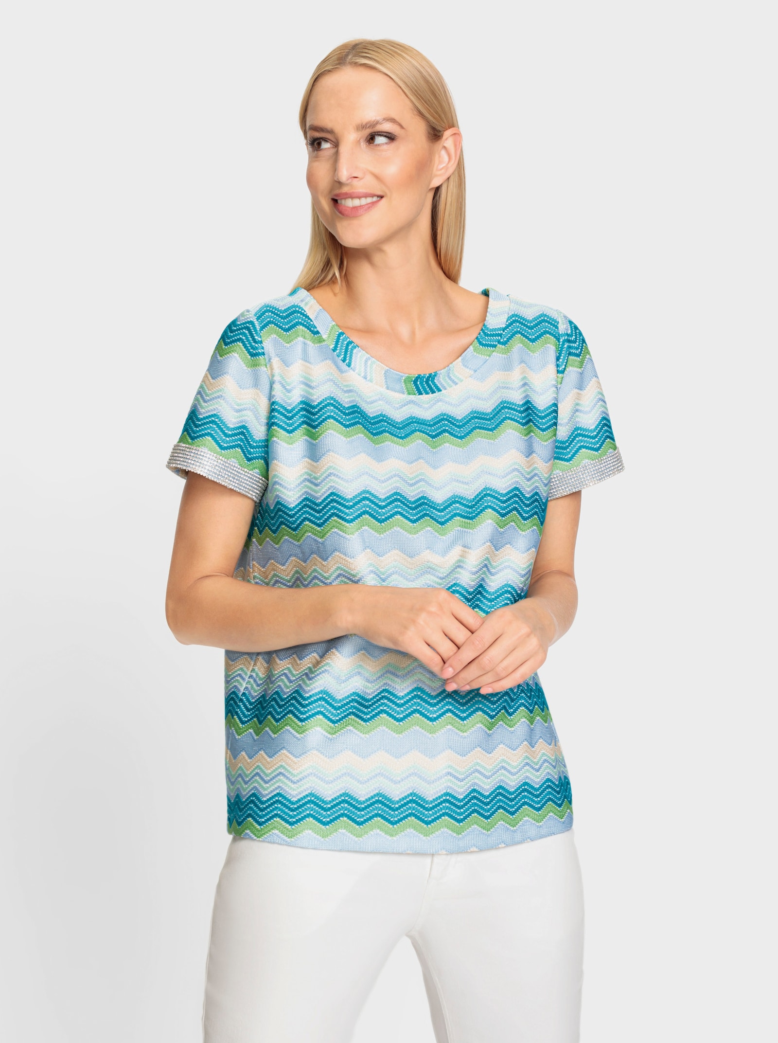 heine T-shirt à encolure ronde avec motif structuré - turquoise-écru à motifs