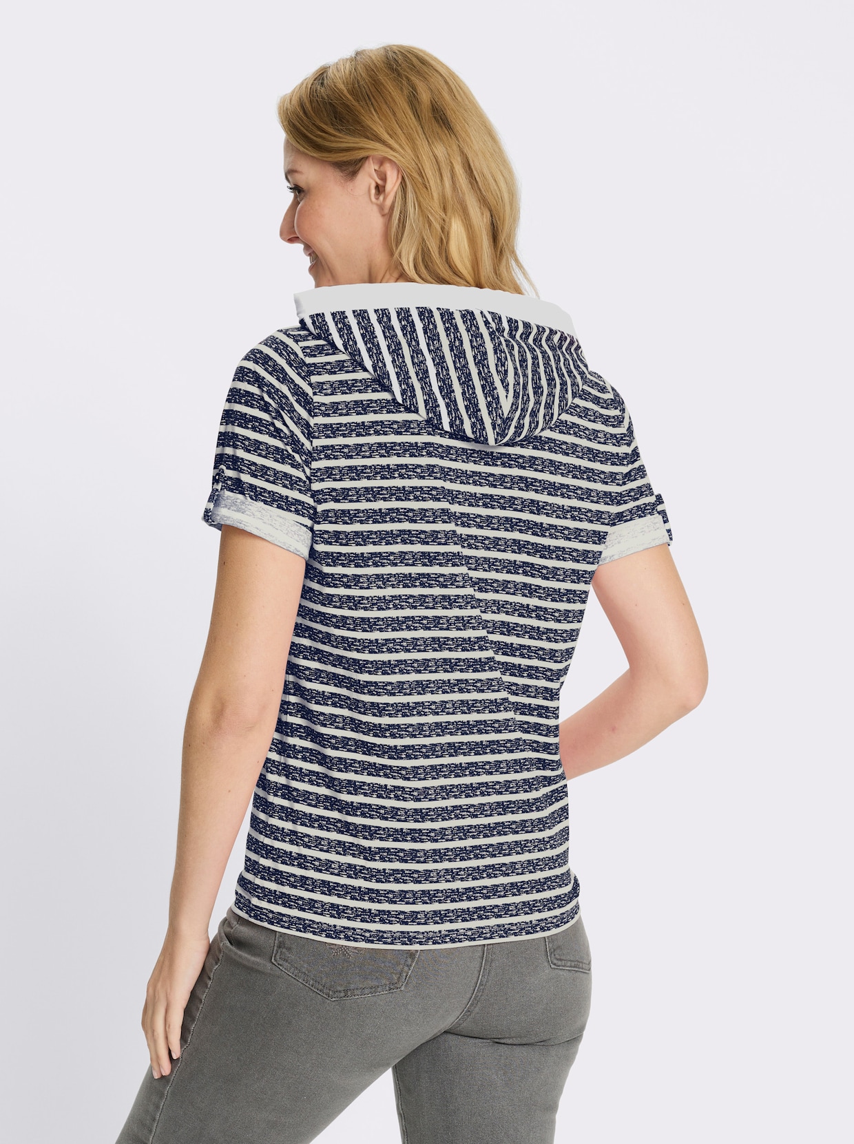 Kapuzenshirt mit kurzen Ärmeln - marine-ecru-bedruckt