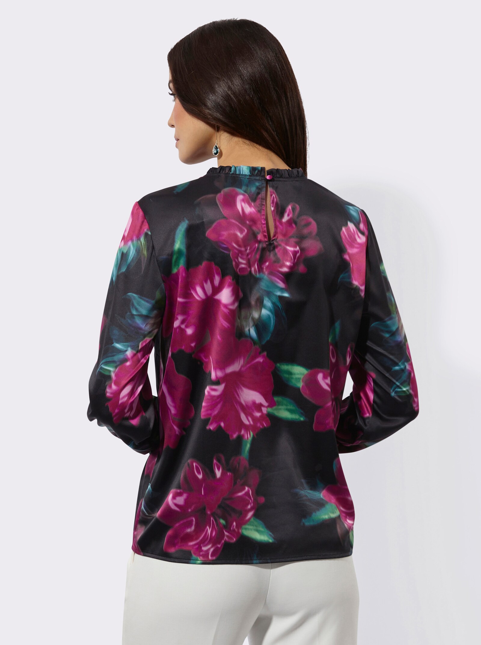 Satinbluse mit Rüschen am Kragen - schwarz-malve-bedruckt