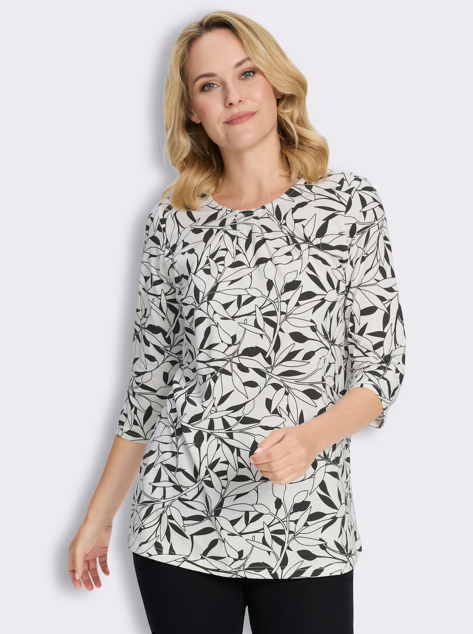 Longshirt mit Falten am Ausschnitt - ecru-schwarz-bedruckt