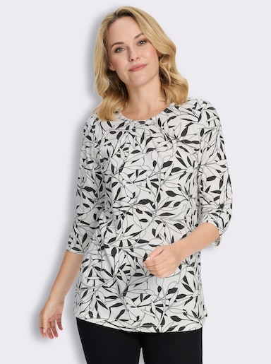Longshirt mit Falten am Ausschnitt - ecru-schwarz-bedruckt