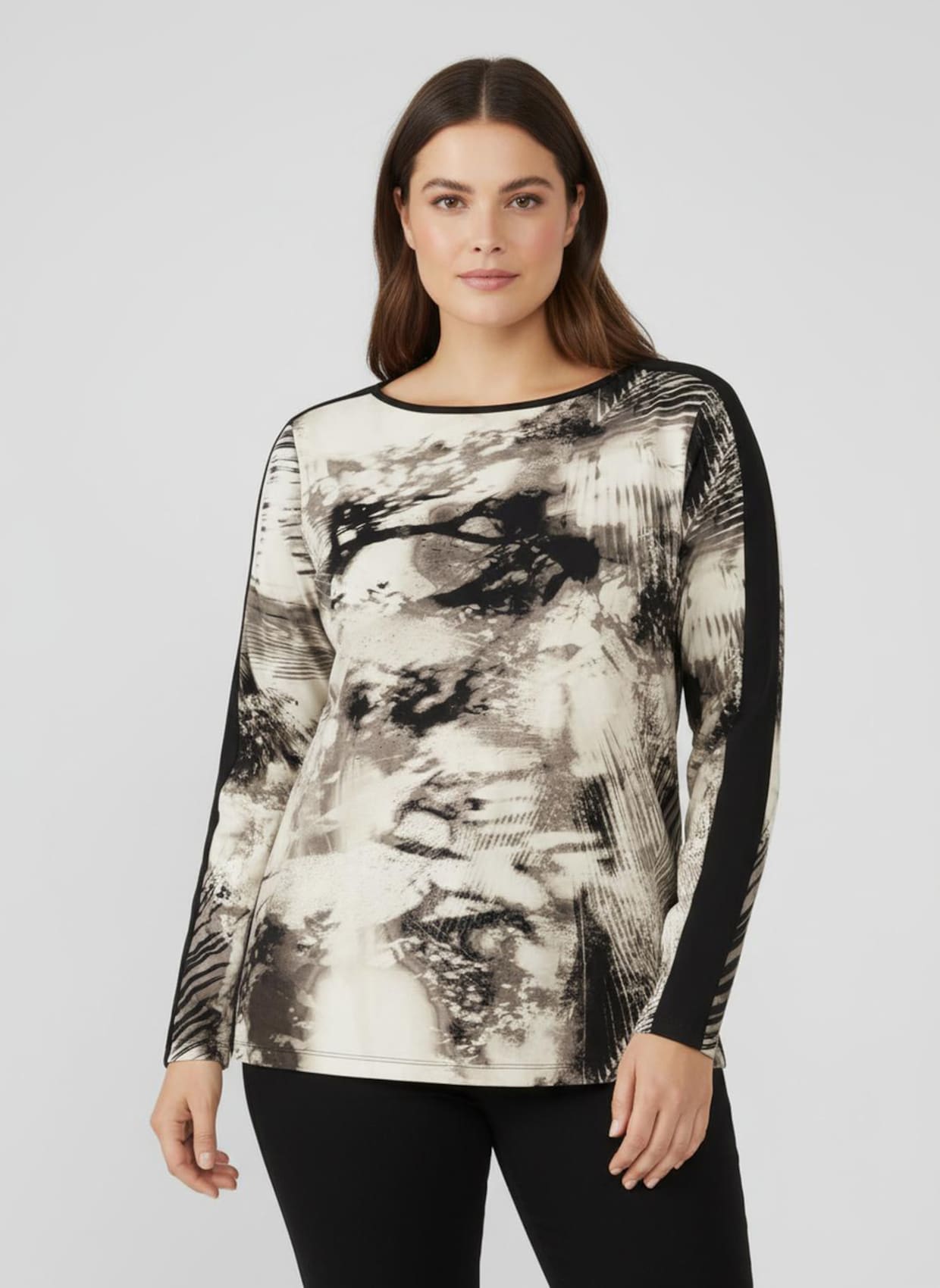 Langarmshirt mit U-Boot-Ausschnitt - sand-schwarz-bedruckt