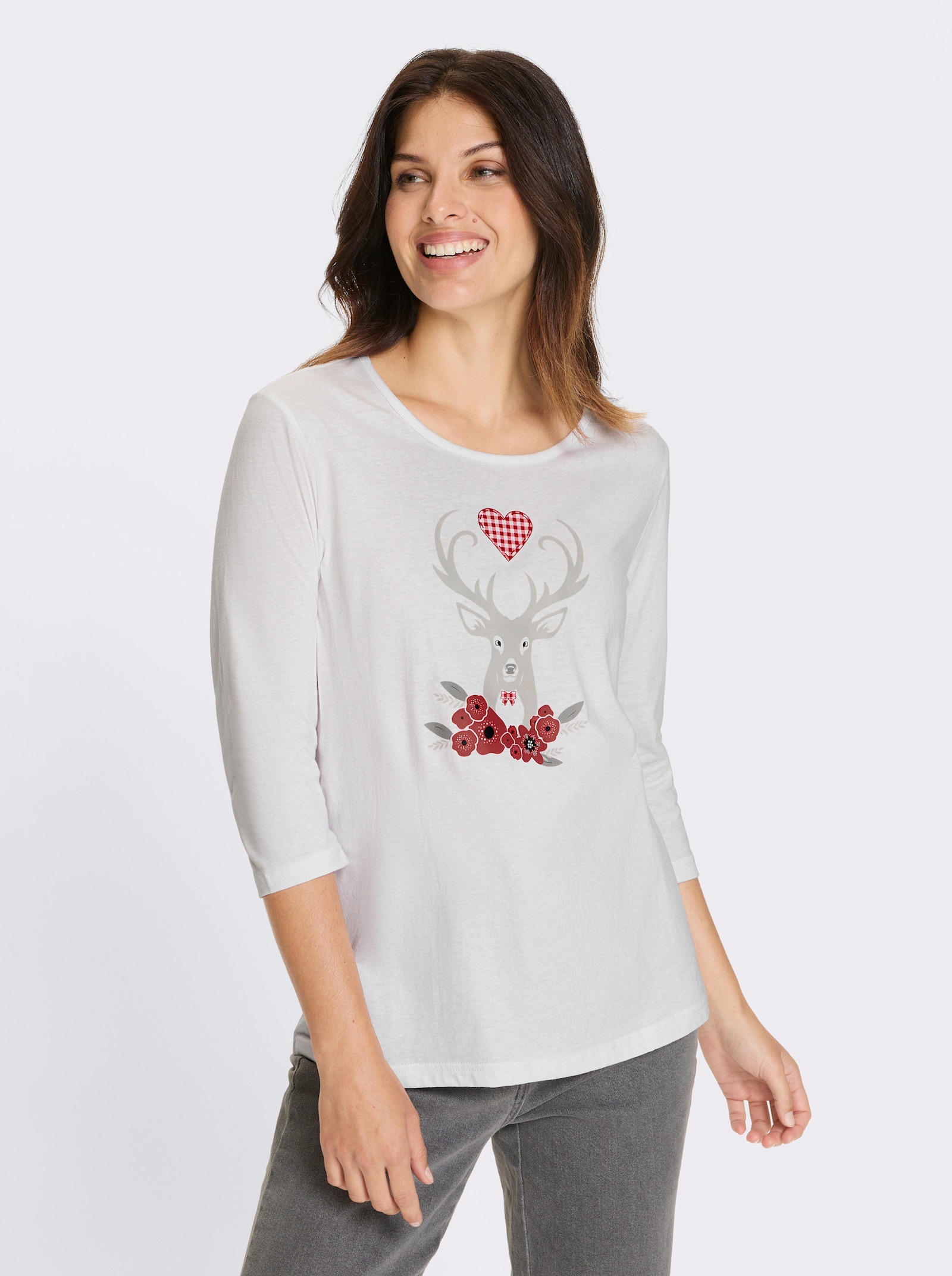 Shirt met 3/4-mouwen en hertenmotief - wit/rood geprint
