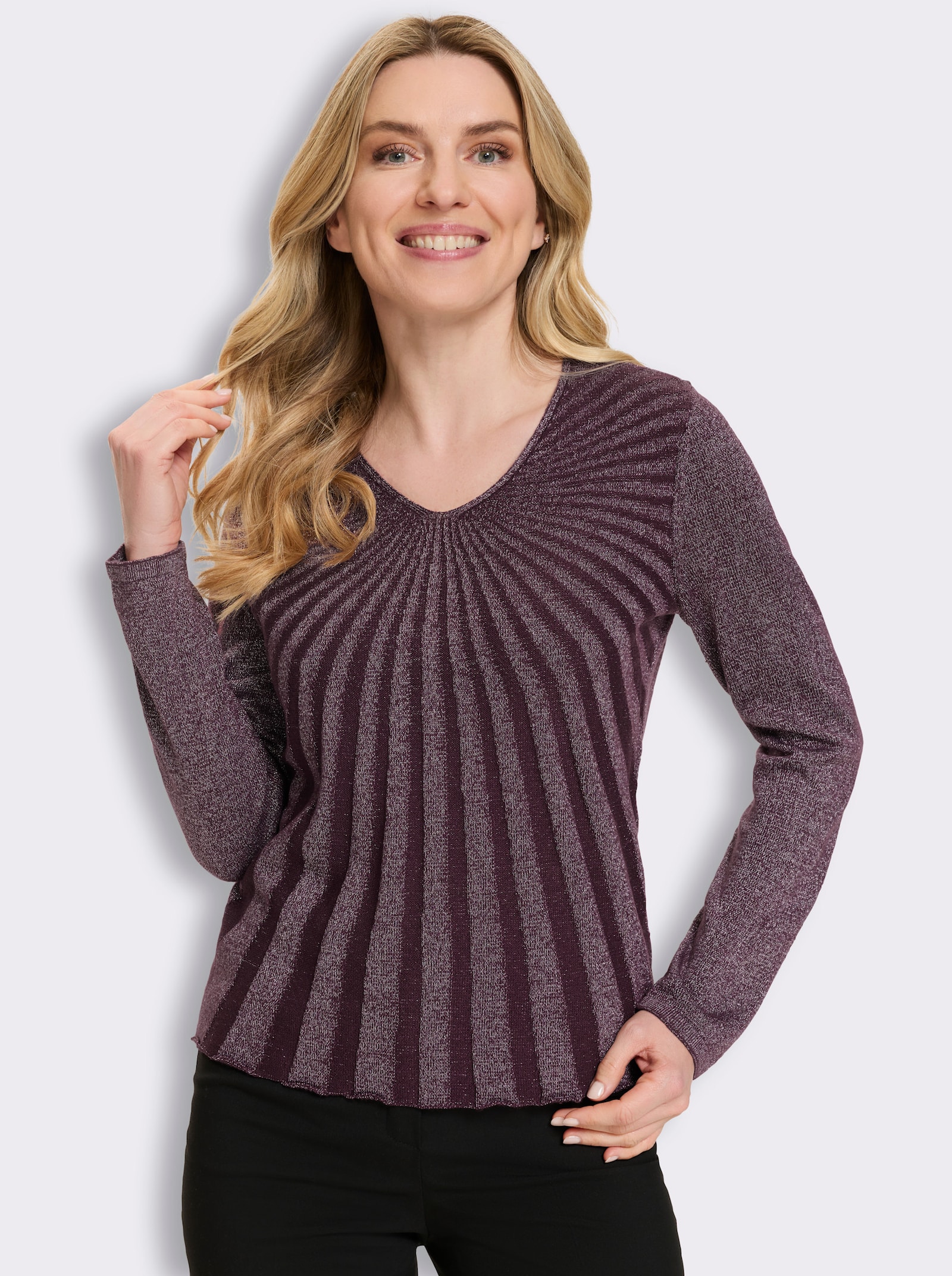 V-Ausschnitt-Pullover mit Glanzgarn - burgund-silberfarben