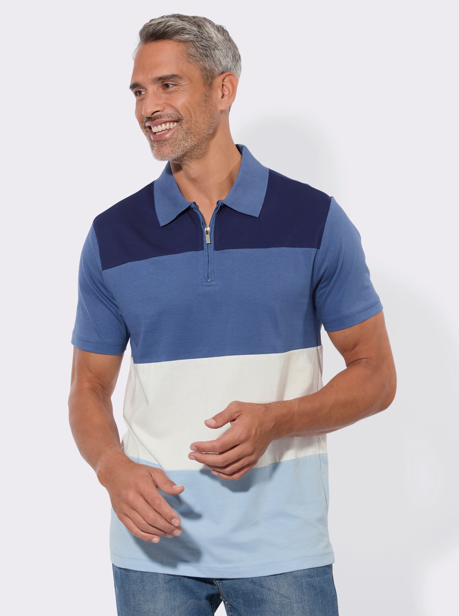 Poloshirt mit kurzem Reißverschluss - marine-jeansblau-gestreift