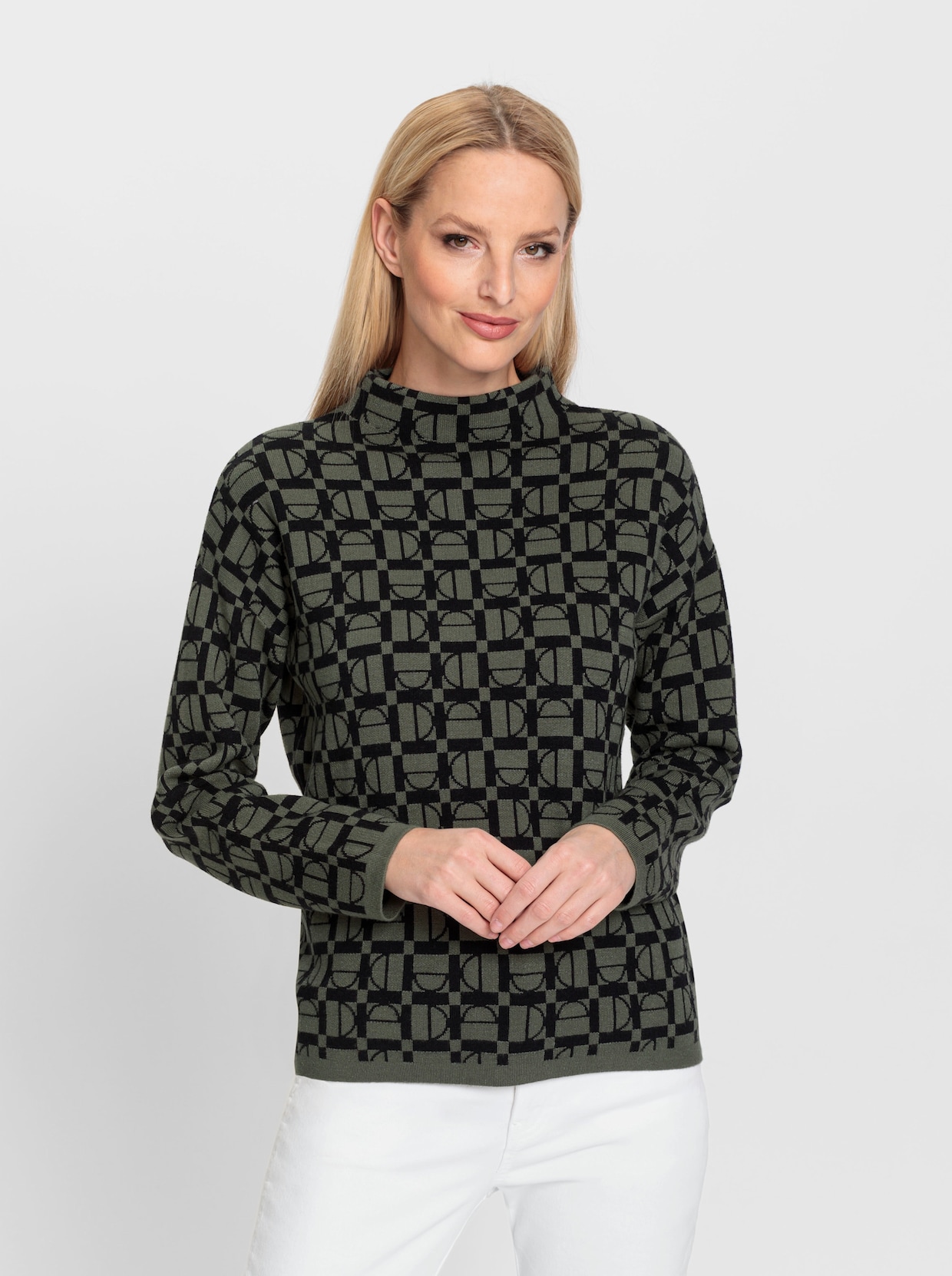 heine Jacquard-Pullover - khaki-schwarz-gemustert