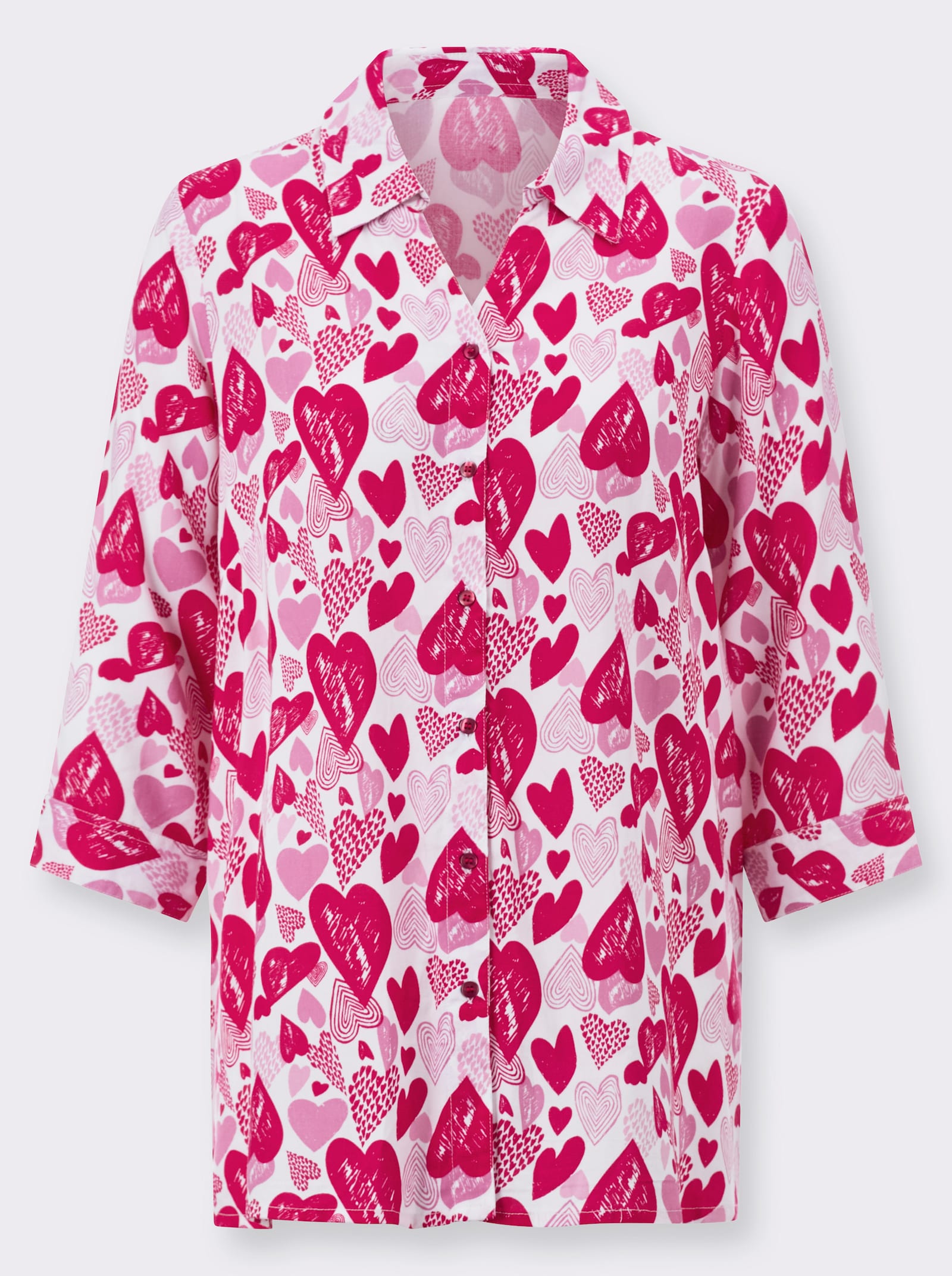 Lange blouse in hartdessin - wit/roze bedrukt