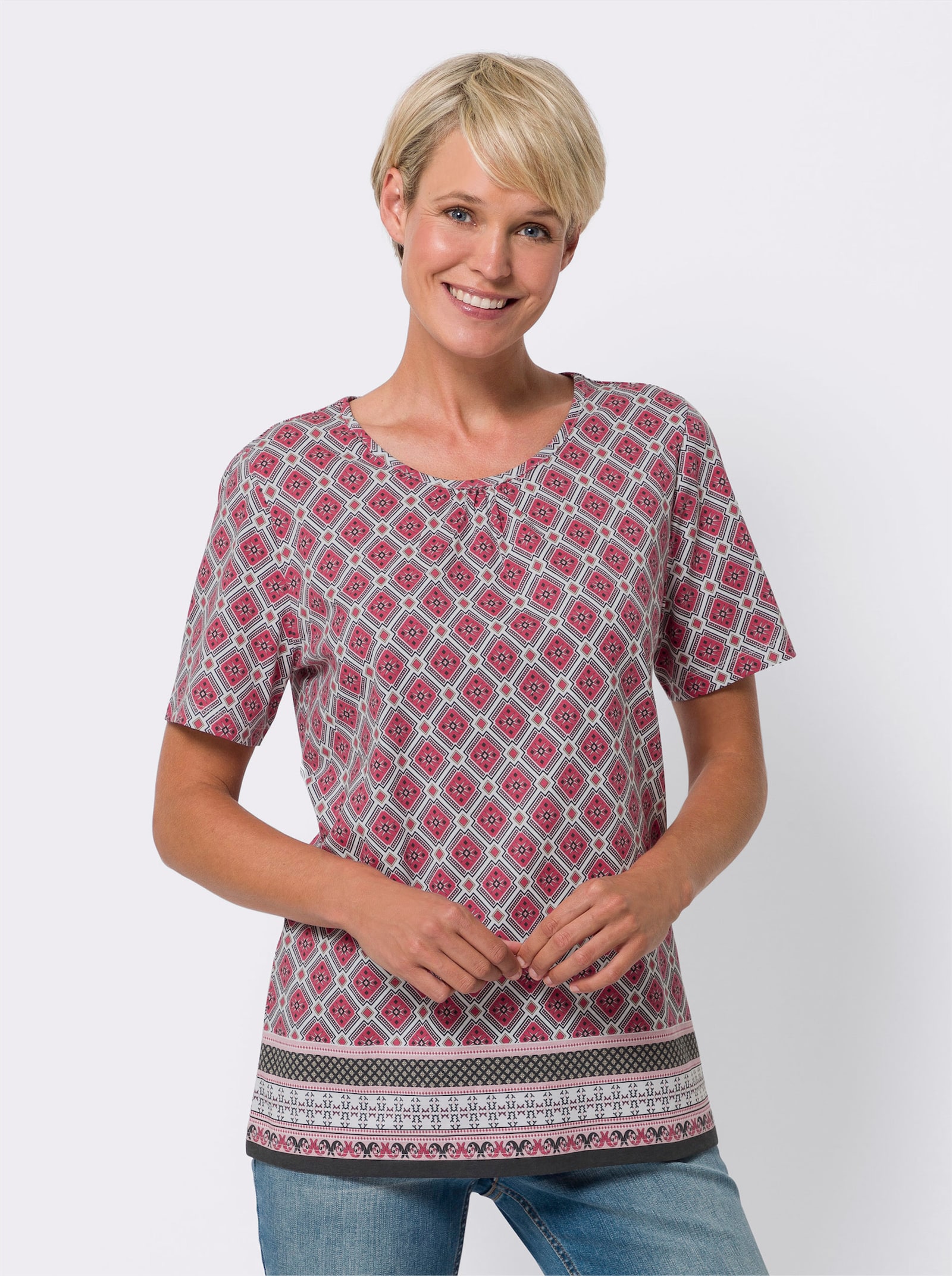  Kurzarmshirt mit Bordüren-Druck, Baumwolle - fuchsia-weiß-bedruckt