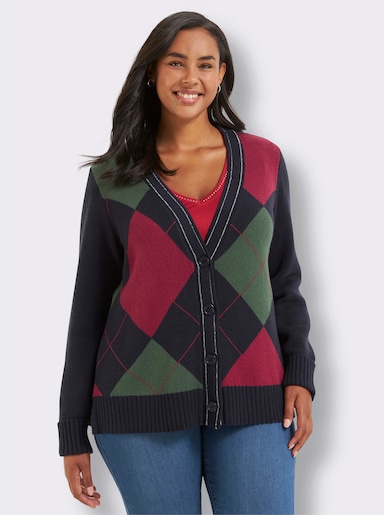 sheego Jacquardstrickjacke mit Lurexfaden - tiefblau-kirsche-gemustert