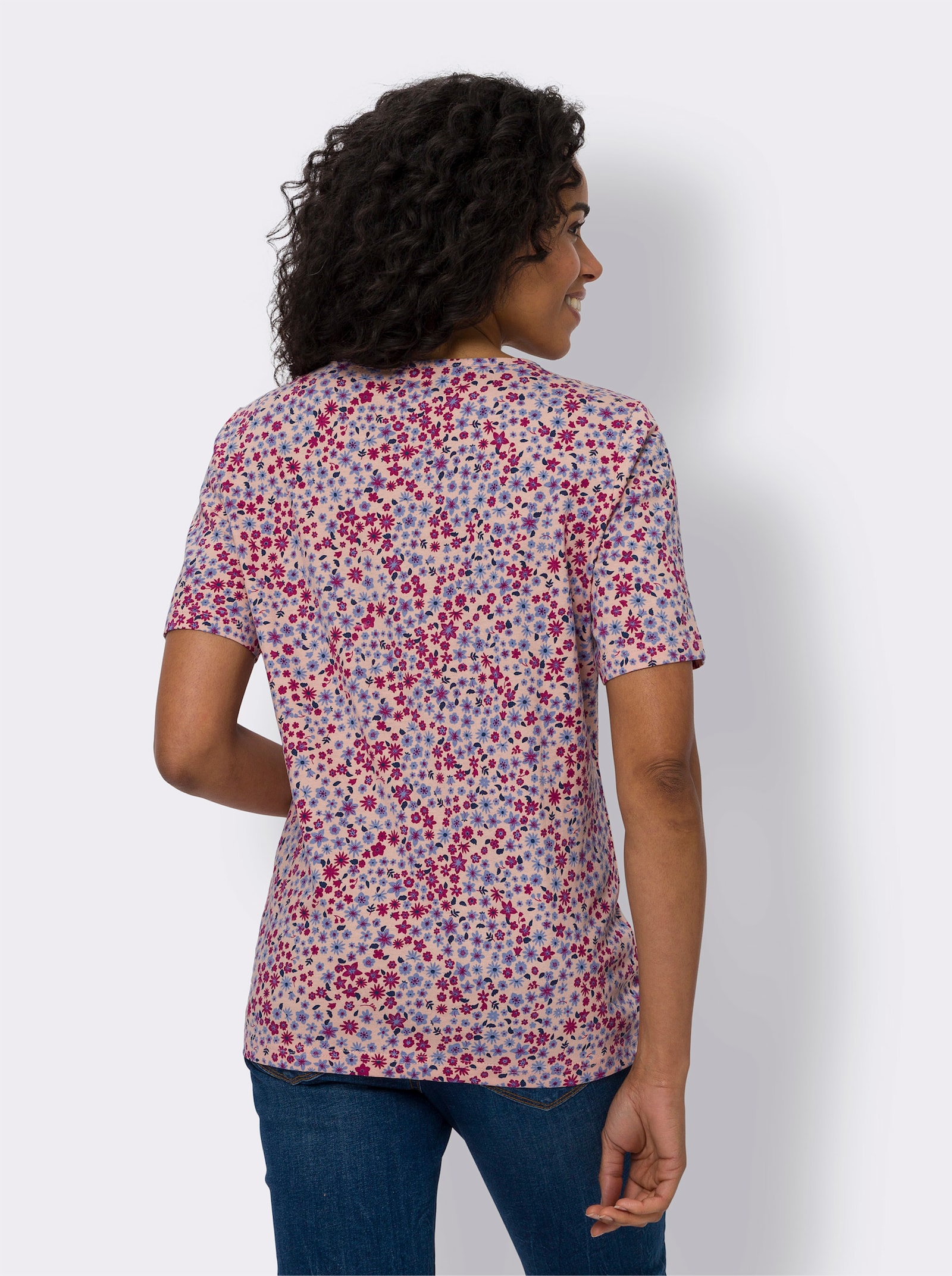Kurzarmshirt aus Baumwolle, Millefleurs - puder-erika-bedruckt