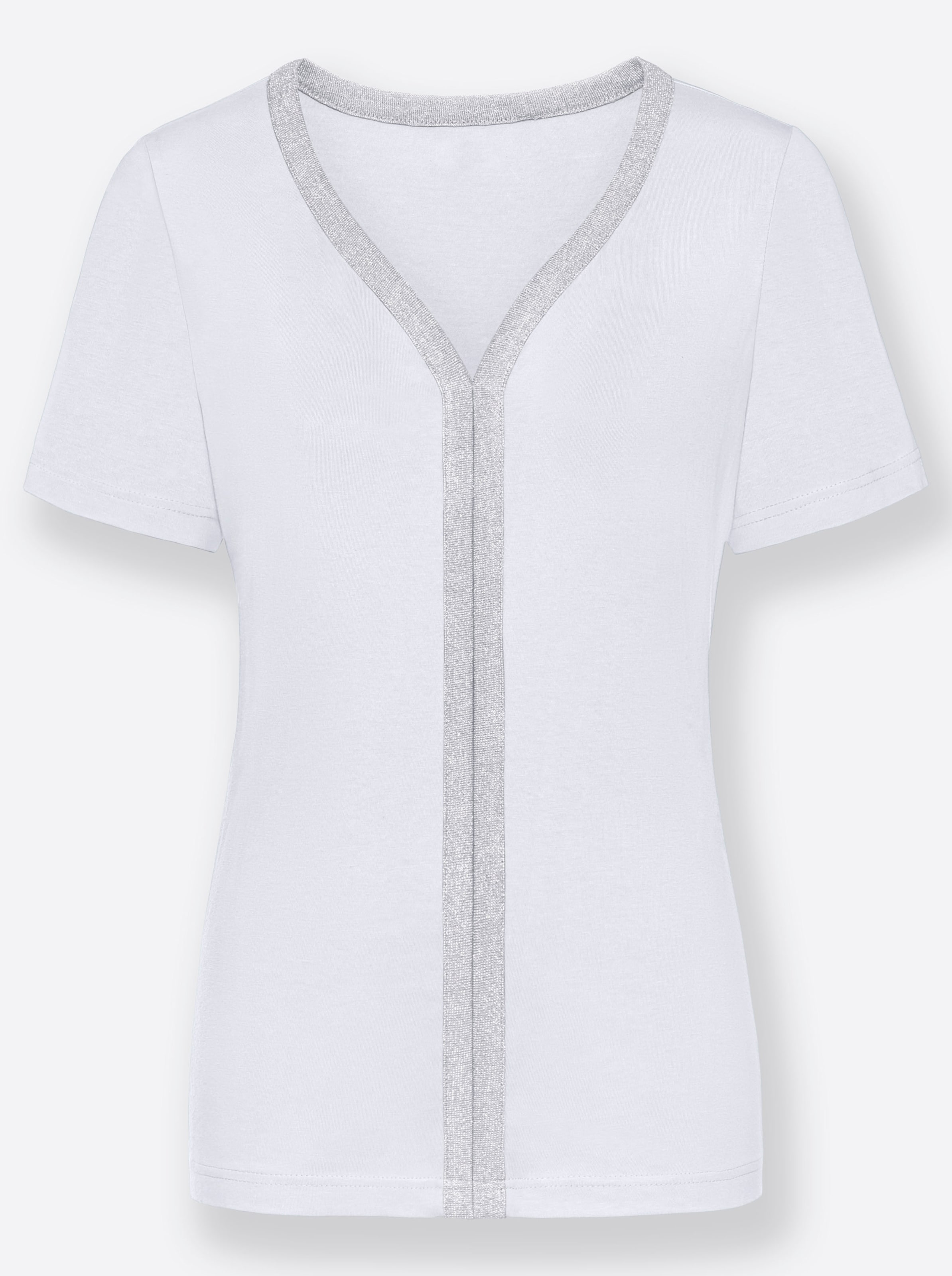 VORNE günstig Kaufen-Kurzarmshirt in weiß von heine. Kurzarmshirt in weiß von heine <![CDATA[Der Blickfang bei diesem Shirt ist die silberfarbene Paspel am V-Ausschnitt und vorne vom Ausschnitt bis zum Saum verlaufend. In hautsympathischer Qualität.]]>. 