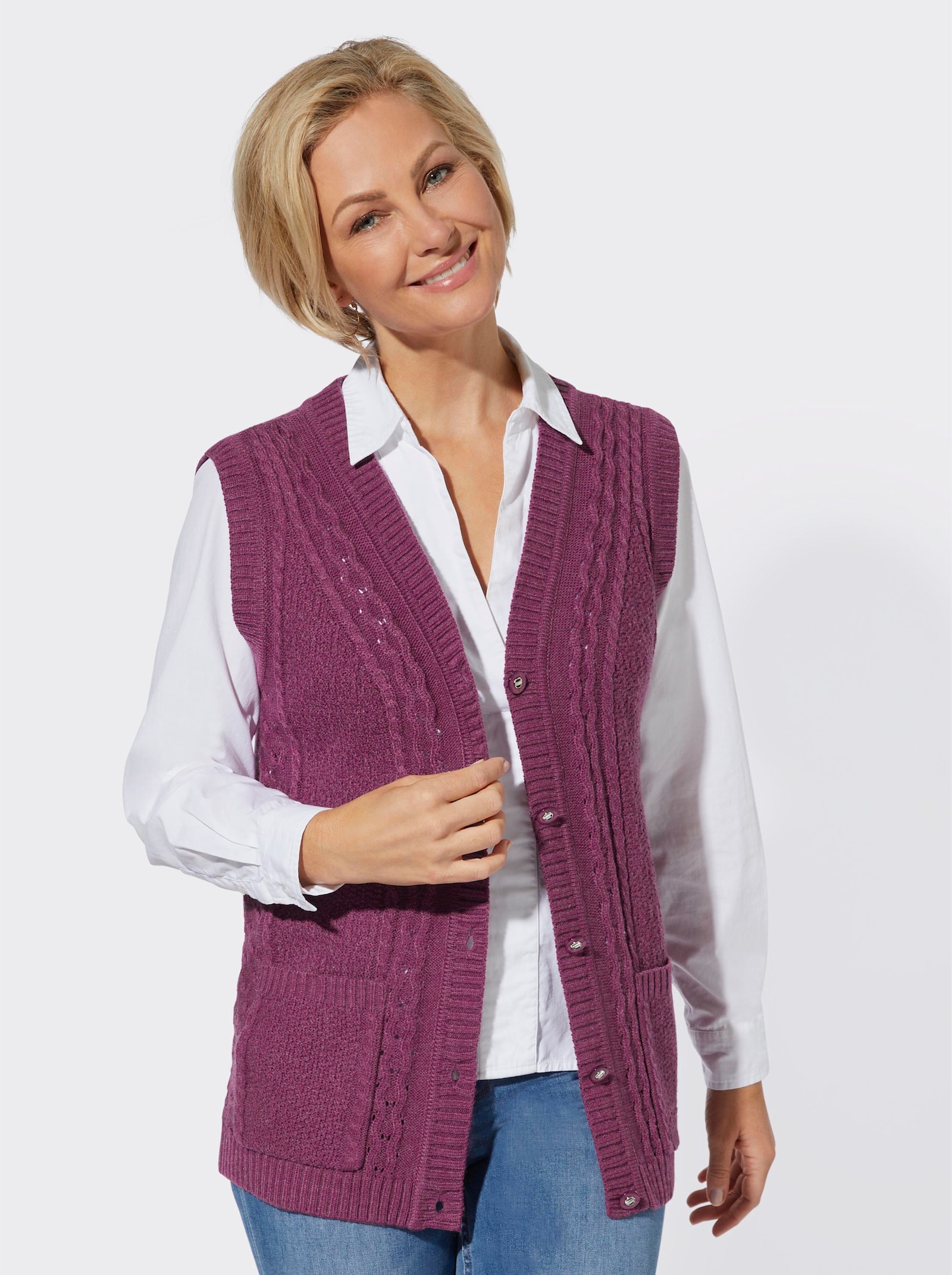 Strickweste mit Ripp-Abschlüssen - malve-meliert