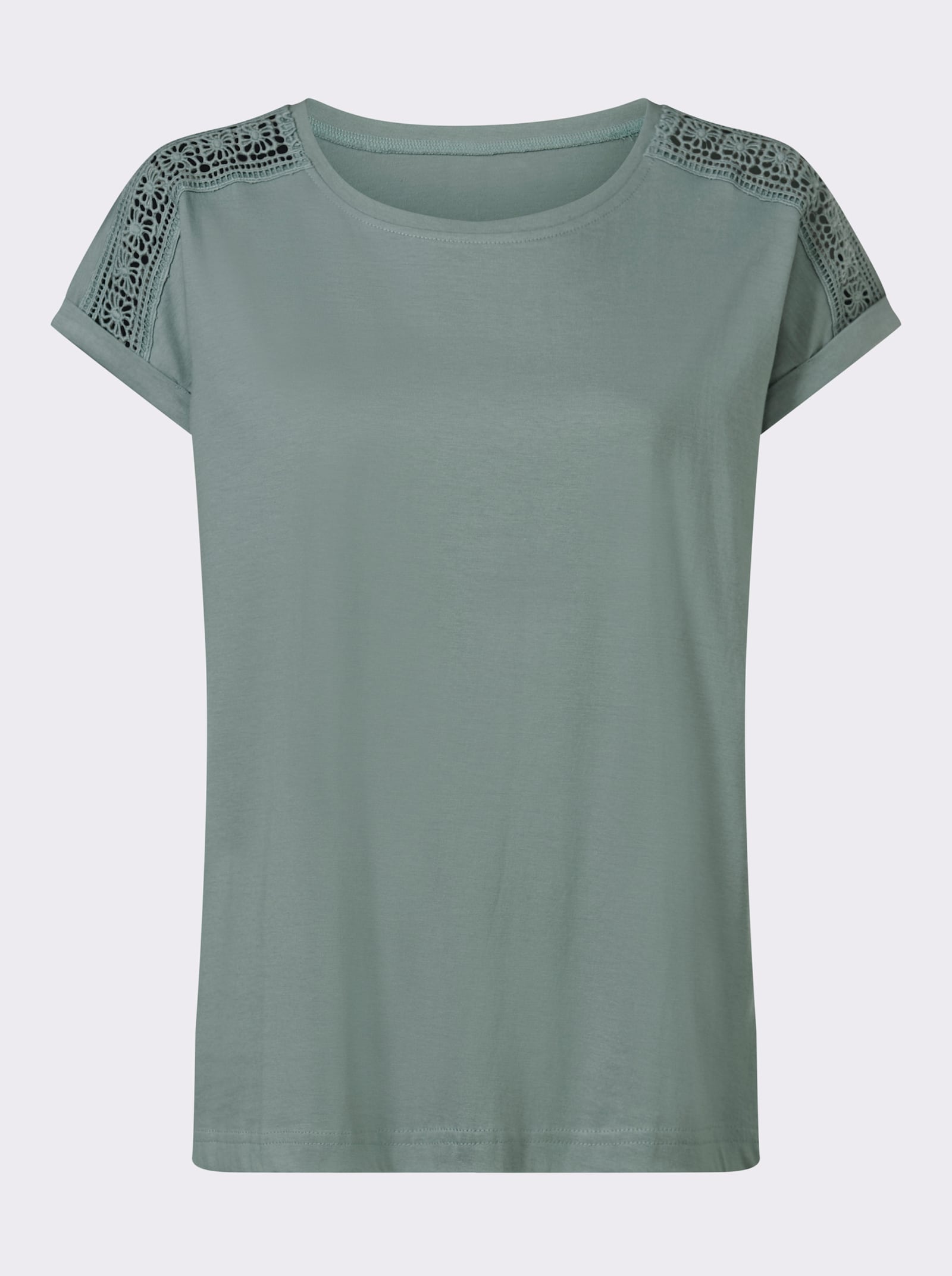 Rundhalsshirt mit Spitze an der Schulter - jade