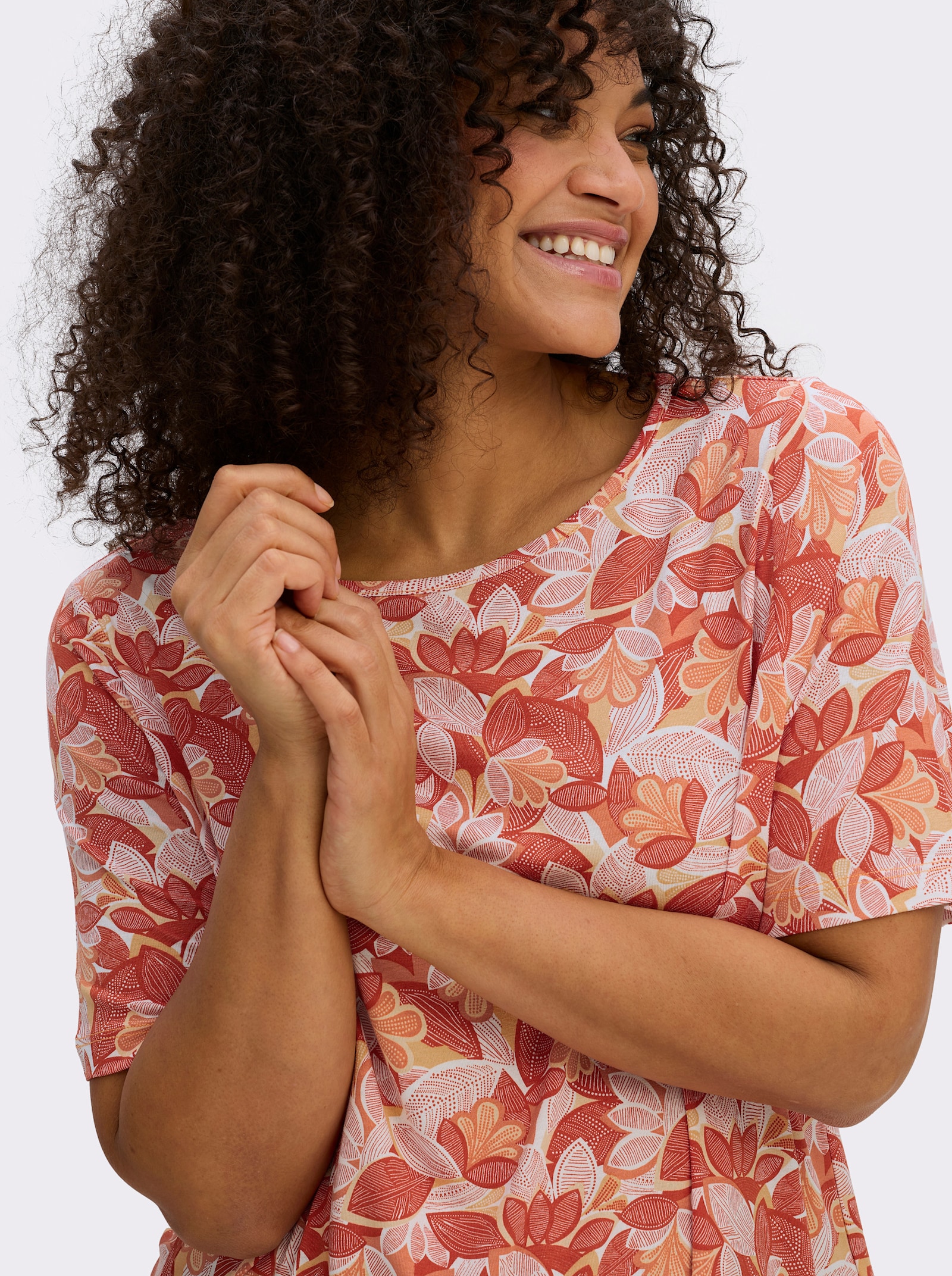 Print-Shirt mit paspeliertem U-Boot-Ausschnitt - papaya-apricot-bedruckt
