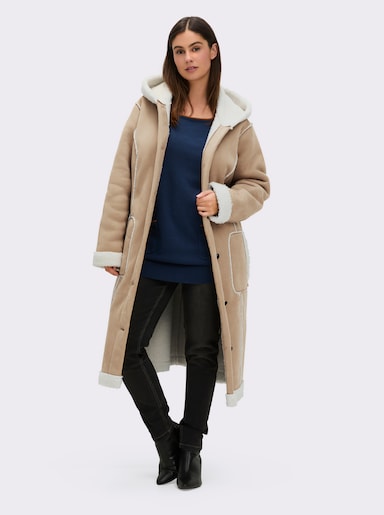 sheego Mantel in Lammfell-Optik, mit Kapuze - camel