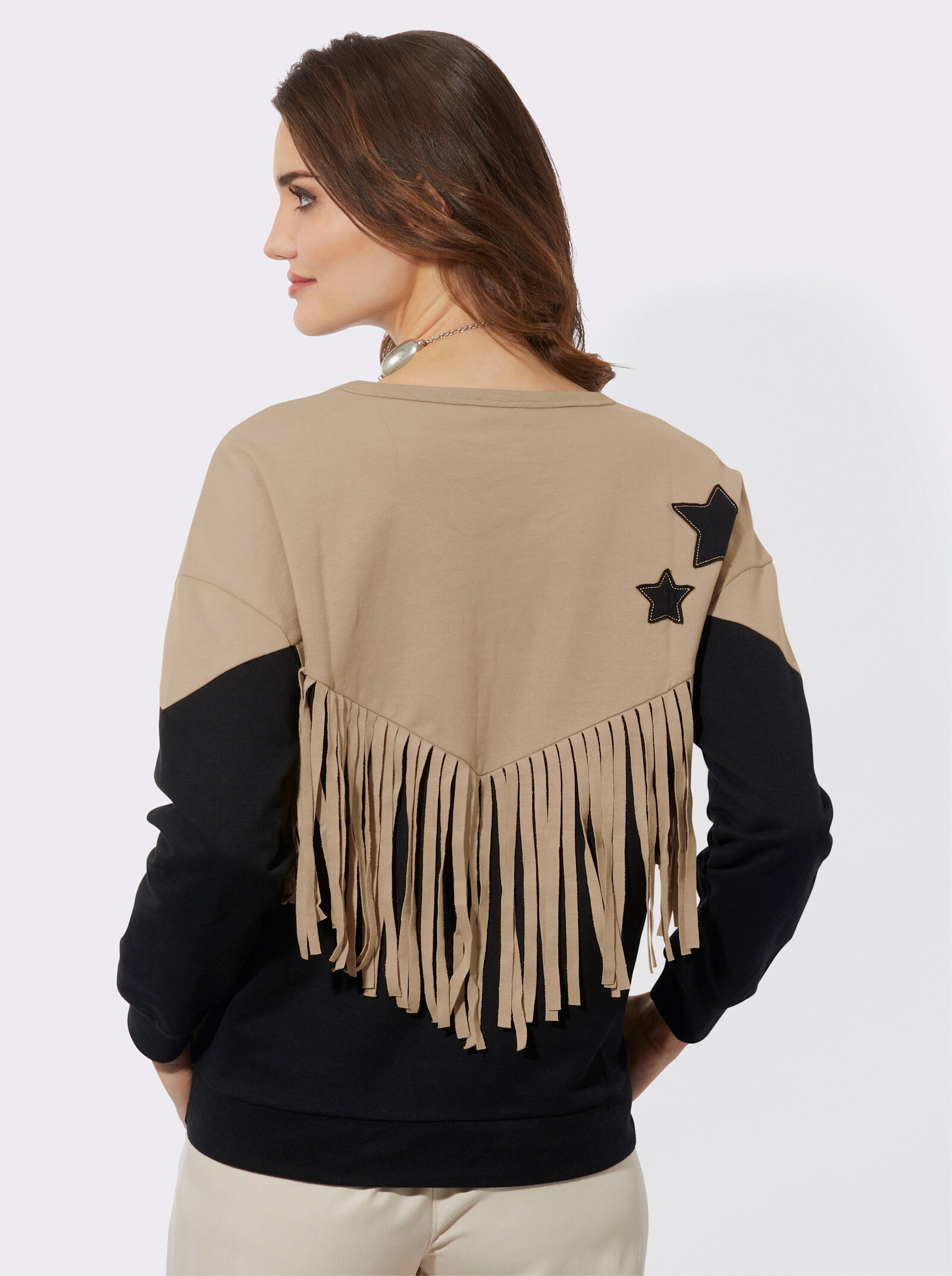 Sweatshirt mit Fransen - beige-schwarz