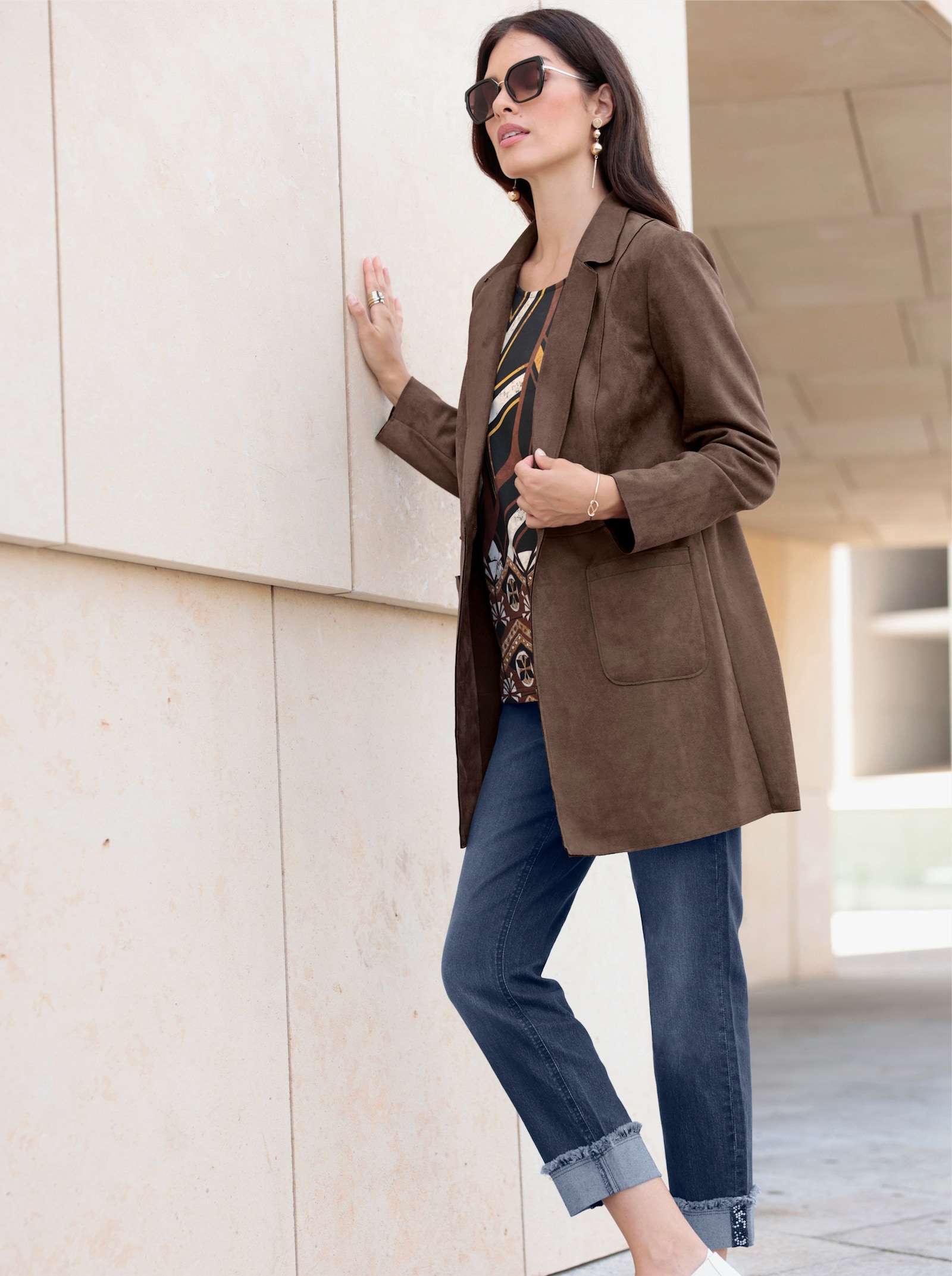Longblazer aus Veloursleder-Imitat - schoko