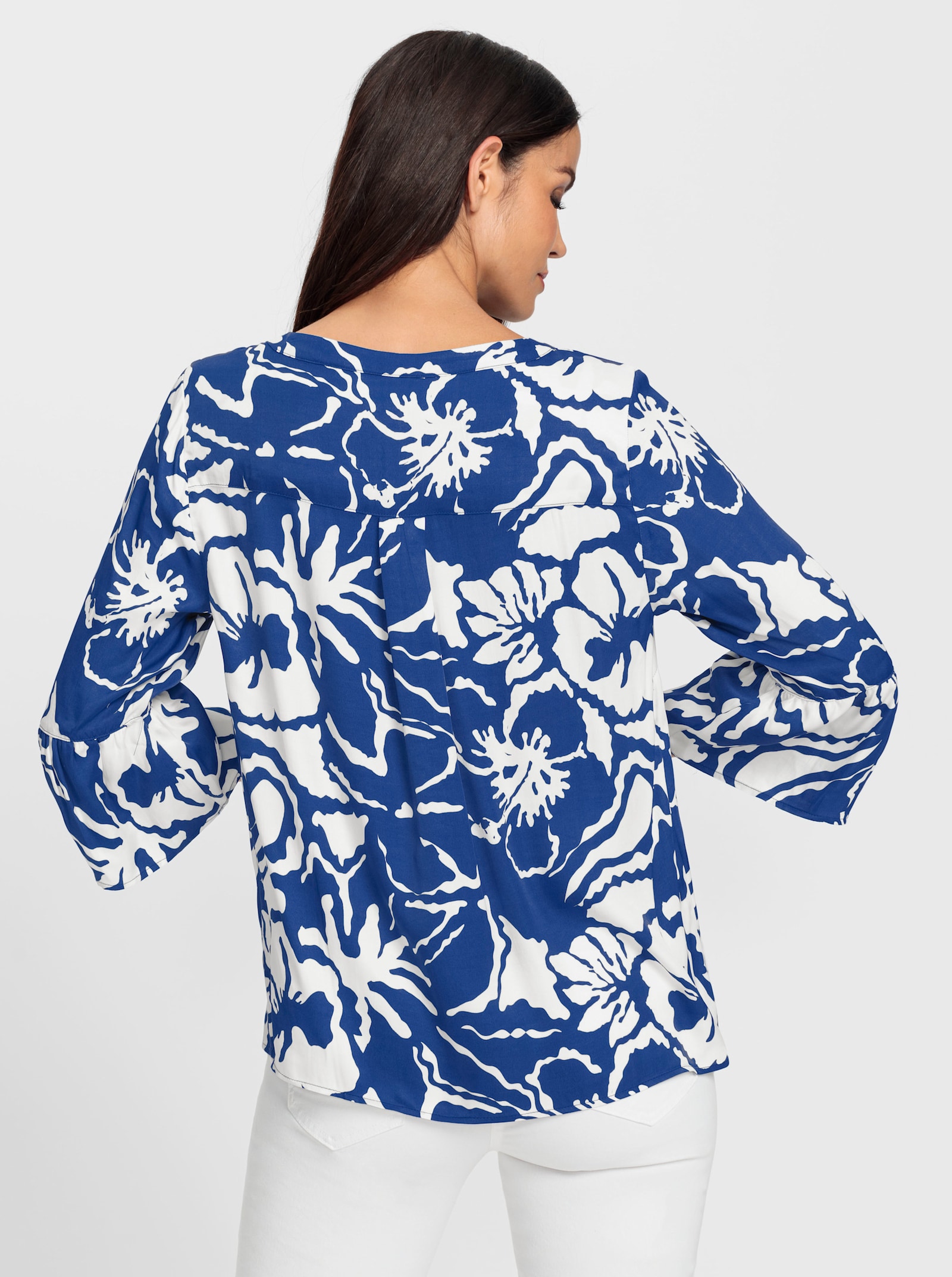 heine Druckbluse mit Trompeten-Ärmeln - royalblau-ecru-bedruckt