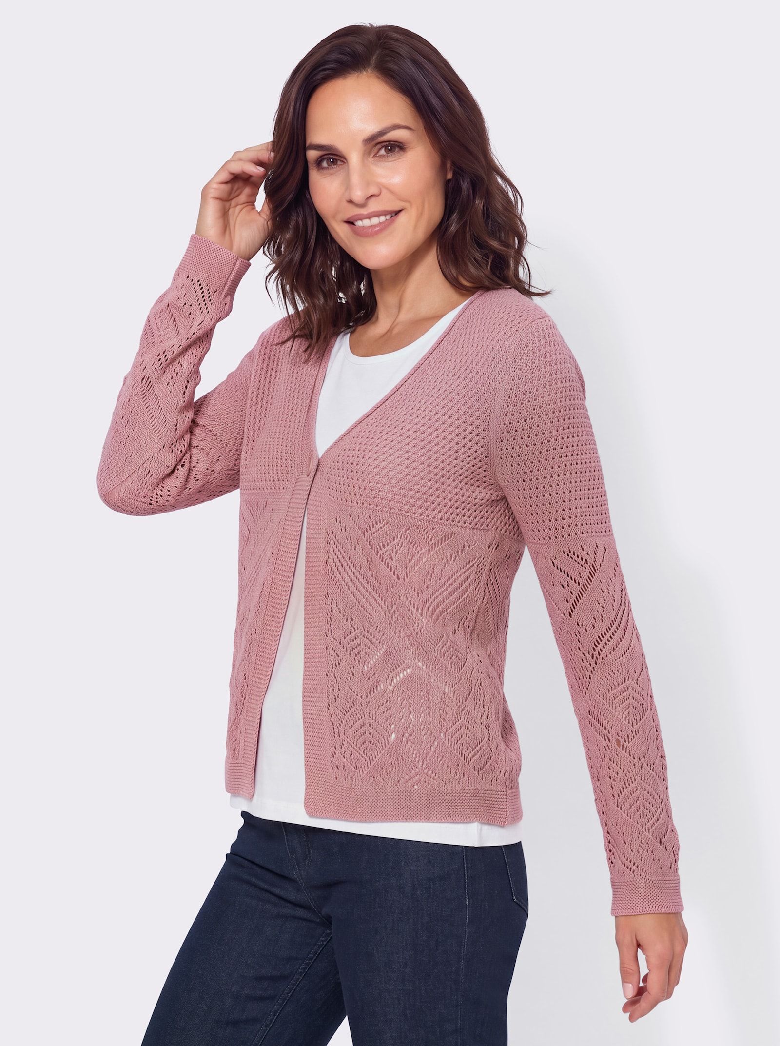 Ajourstrickjacke in Baumwoll-Viskose-Qualität - hortensie