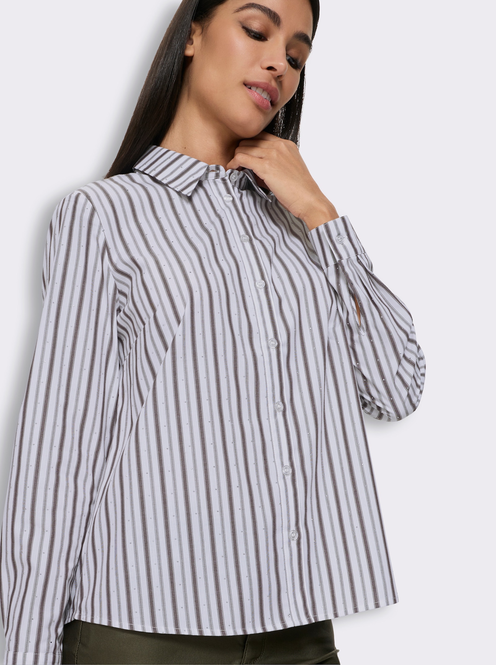 heine Gestreifte Bluse mit Glitzersteinchen - ecru-schoko-gestreift