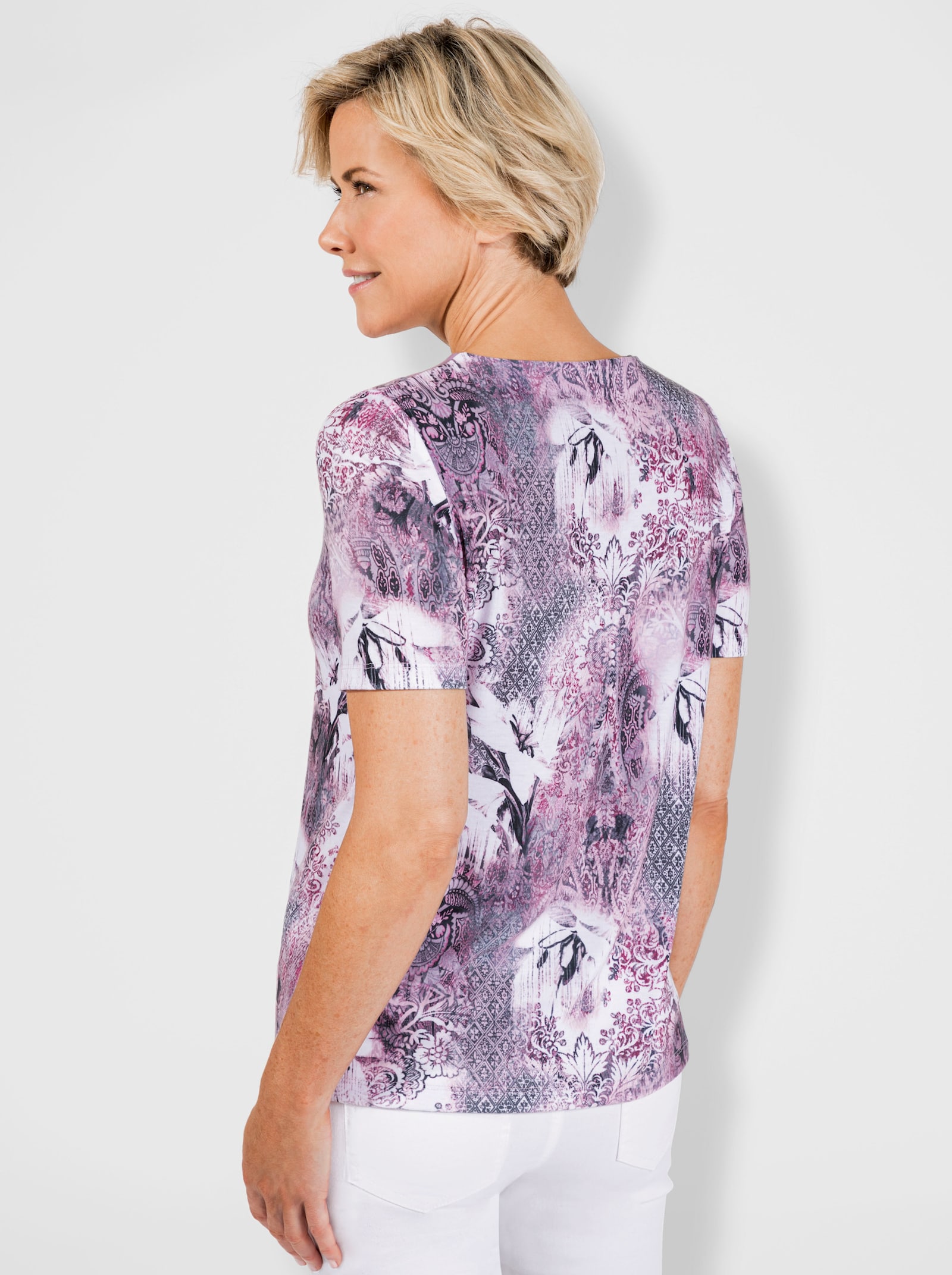 Rundhalsshirt mit Raffung am Ausschnitt - mauve-steingrau-bedruckt