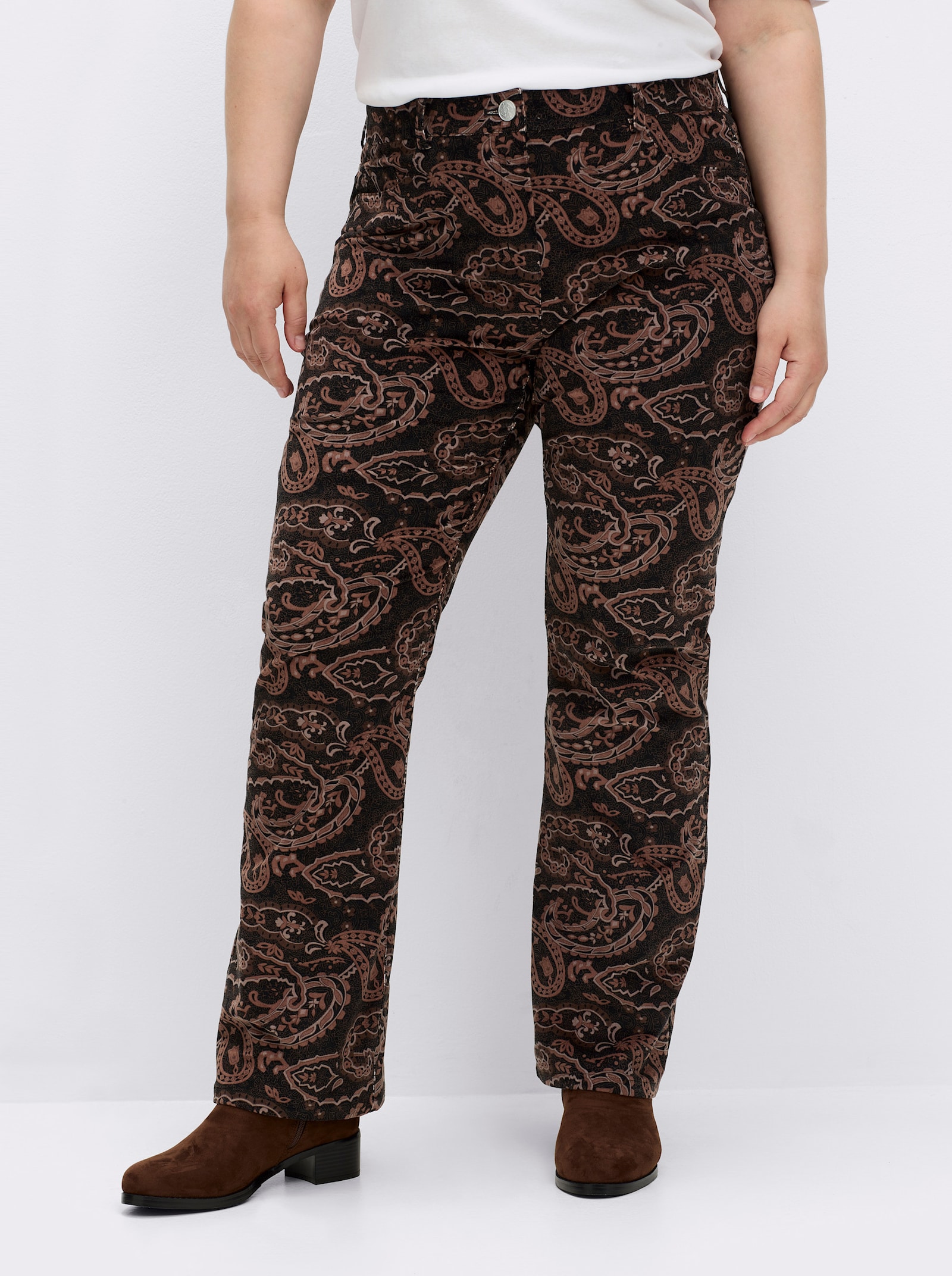 sheego by Joe Browns Fluwelen broek met paisleyprint, in bootcut-model - bruin geprint