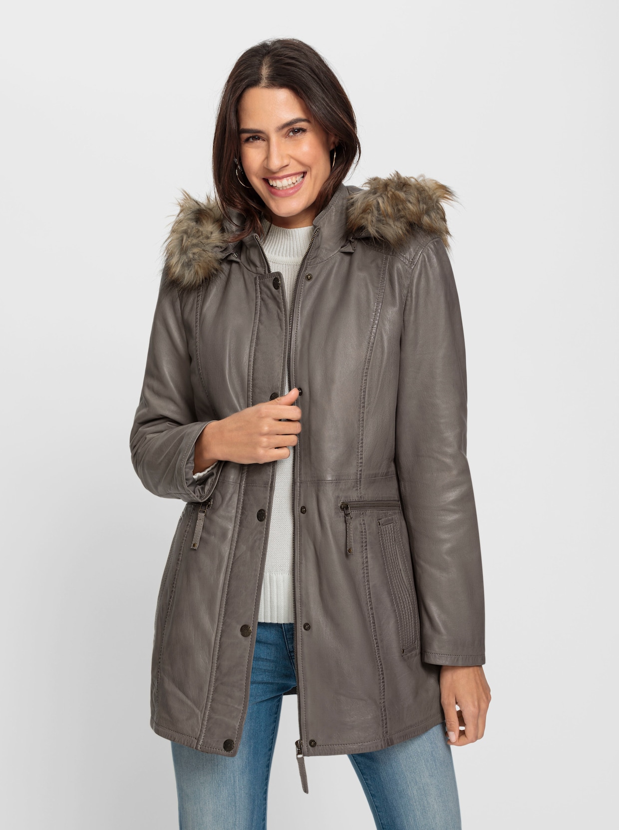 Leder-Jacke - dunkeltaupe