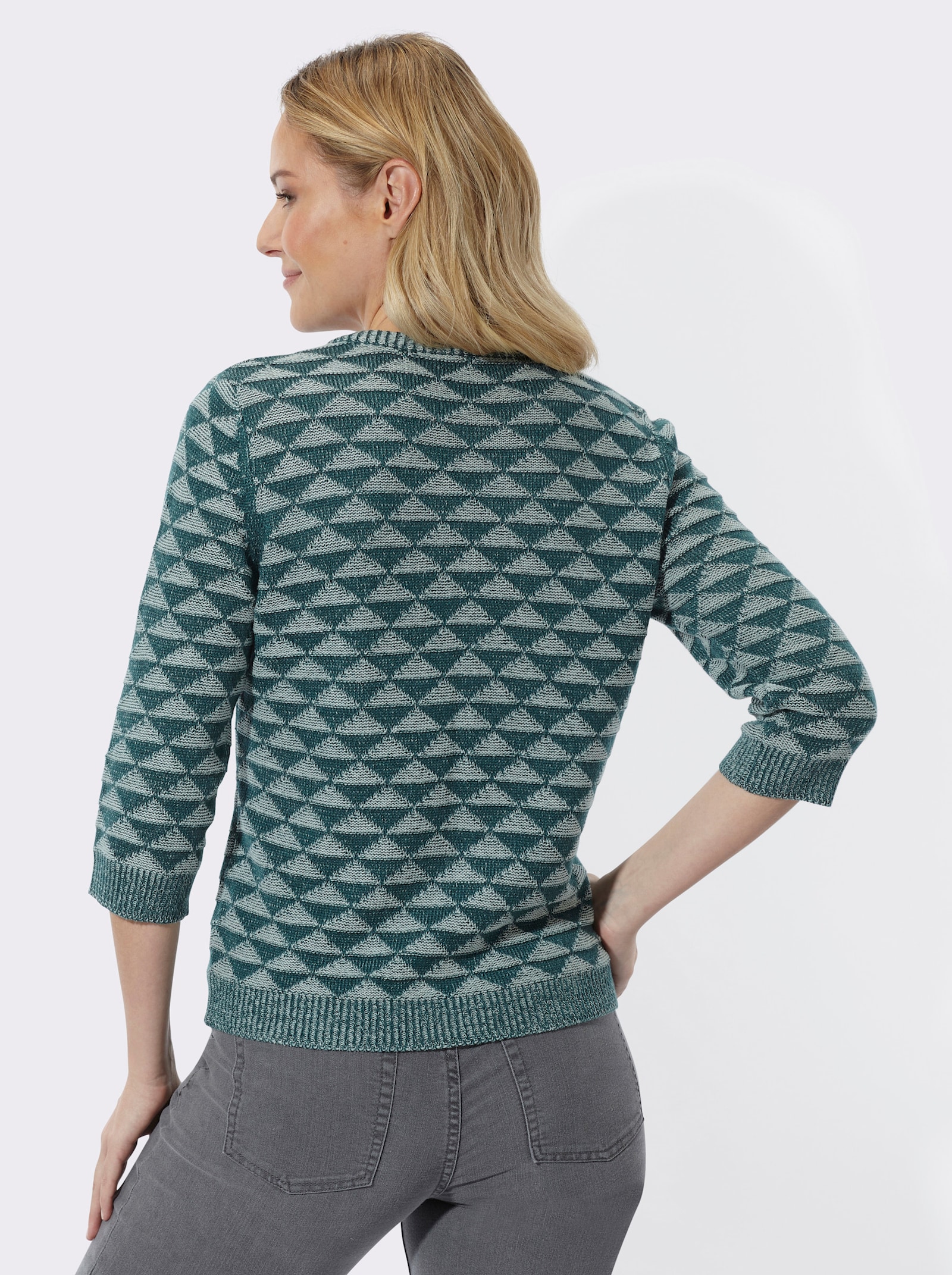 V-Ausschnitt-Pullover mit Strickmuster - petrol-ecru-gemustert