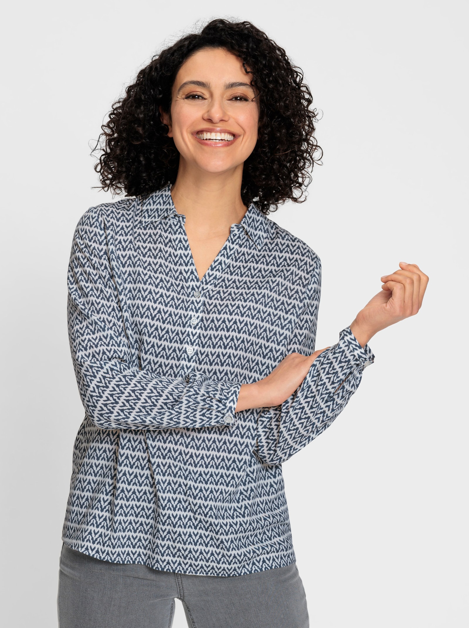 Langarm-Bluse mit offenem Hemdkragen - rauchblau-ecru-bedruckt