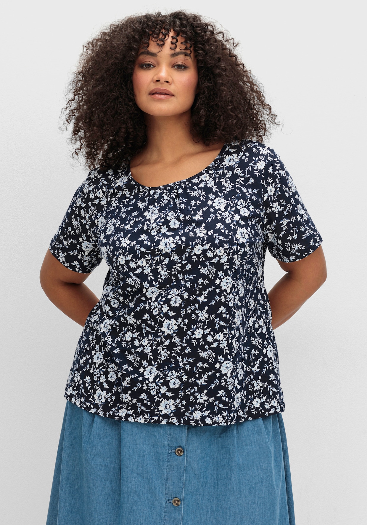 Kurzarmshirt - marine-hellblau-bedruckt