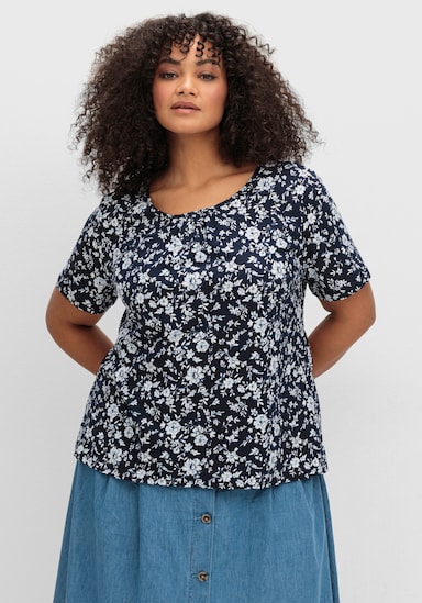 Kurzarmshirt mit floralem Druck - marine-hellblau-bedruckt