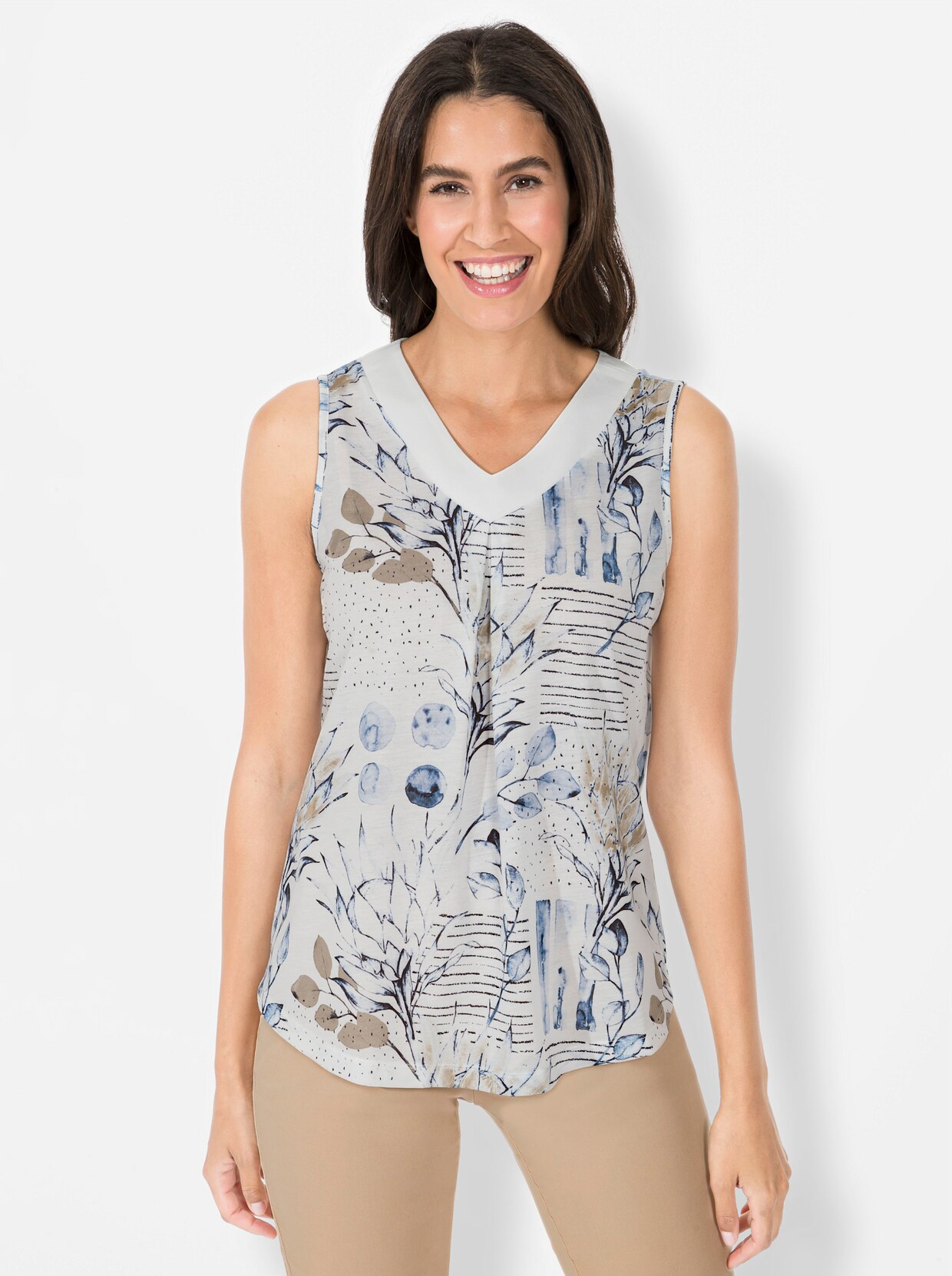 Shirttop - ecru-taubenblau-bedruckt