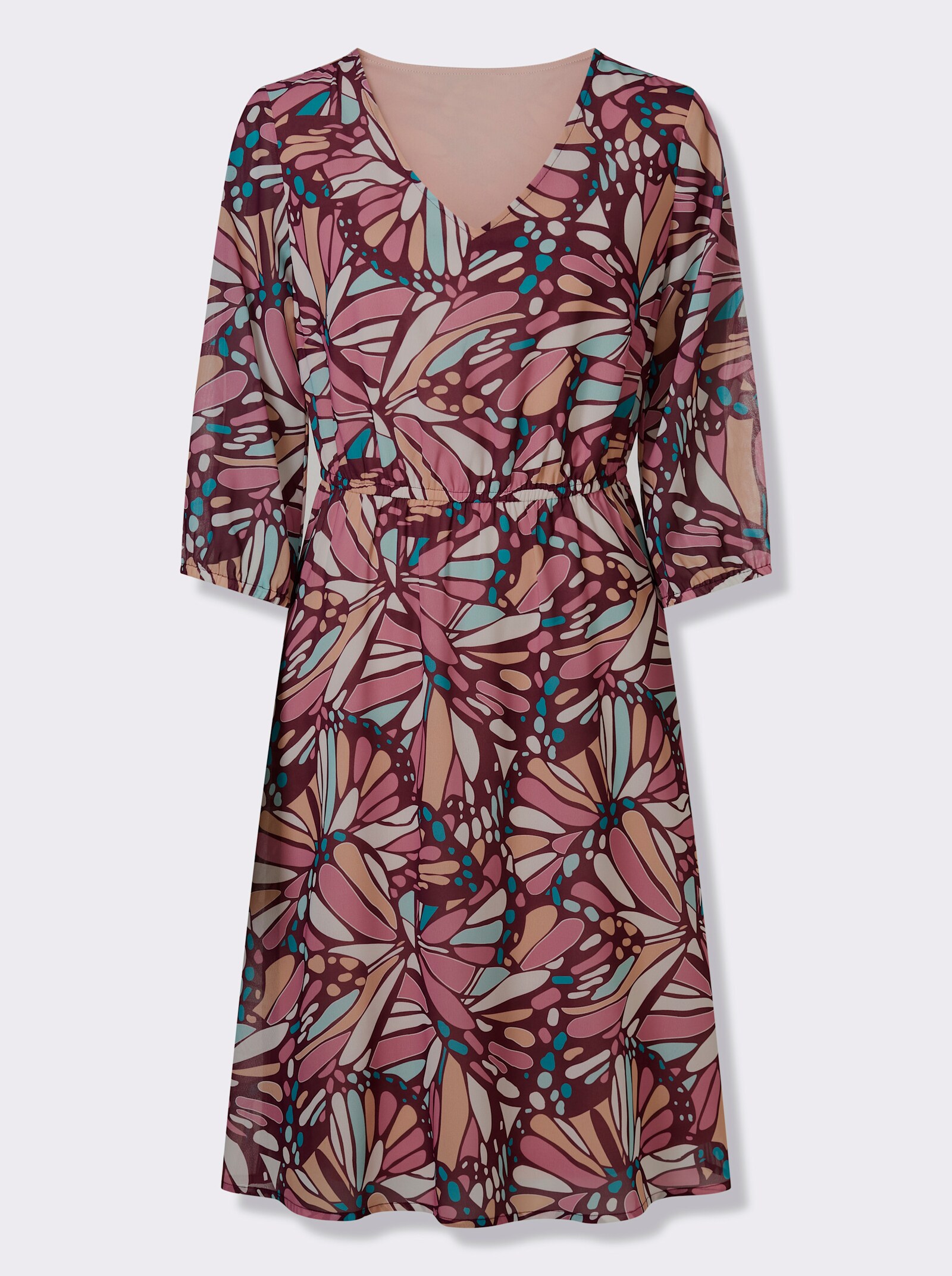 Druckkleid aus Georgette, gefüttert - altrosa-türkis-bedruckt
