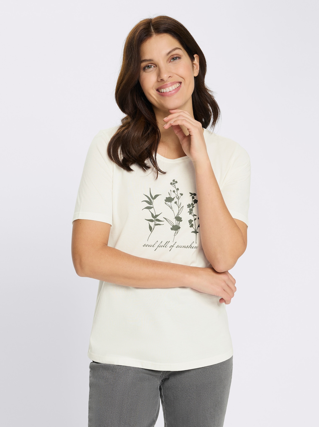 Rundhalsshirt aus reiner Baumwolle - ecru-khaki