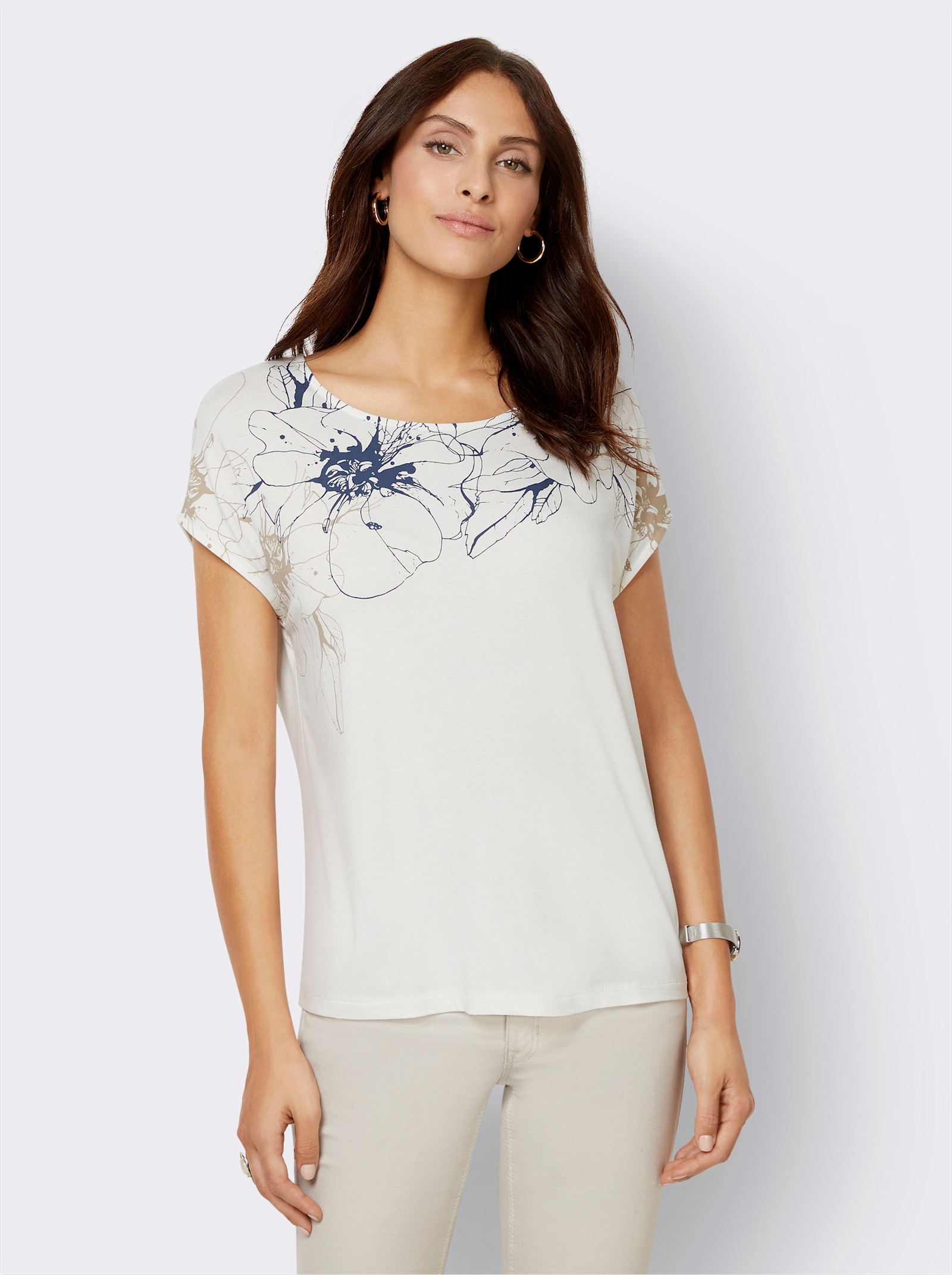 Kurzarmshirt mit Blüten-Dessin - sand-rauchblau-bedruckt