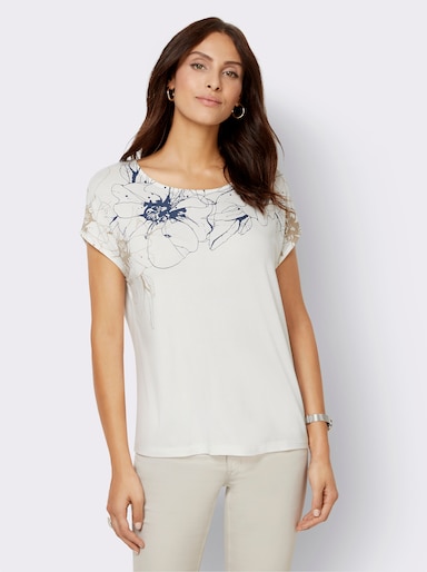 Kurzarmshirt mit Blüten-Dessin - sand-rauchblau-bedruckt