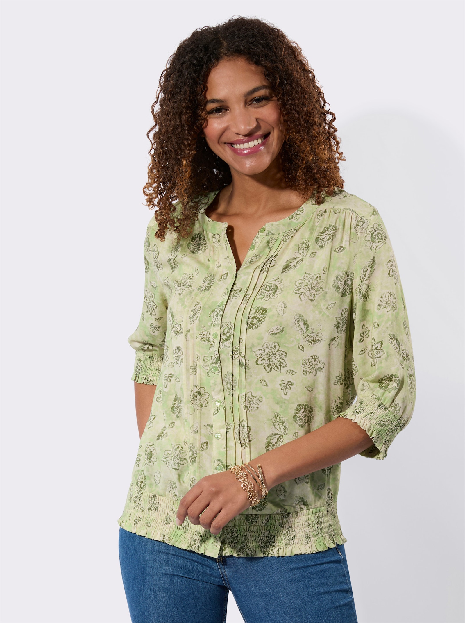Druckbluse mit gesmokten Abschlüssen - lindgrün-bedruckt