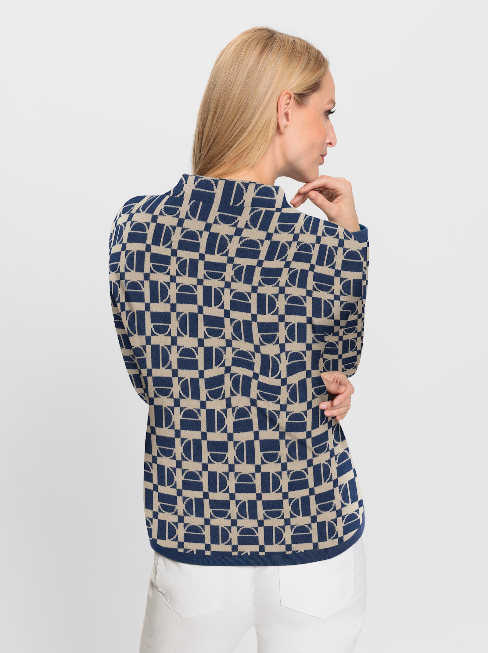 heine Stehkragenpullover in grafischem Jacquard-Muster - dunkelblau-beige-gemustert