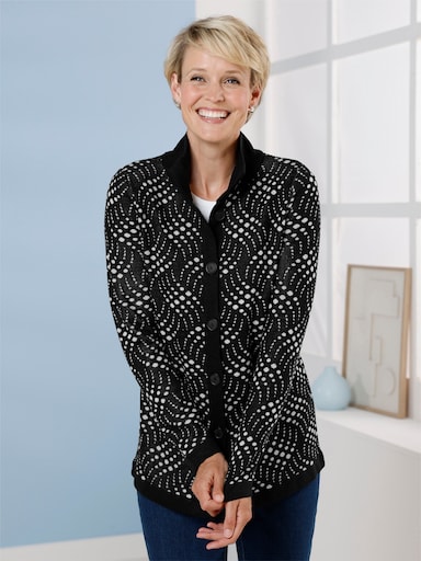 Jacquardstrickjacke mit zweifarbigem Muster - schwarz-ecru-gemustert